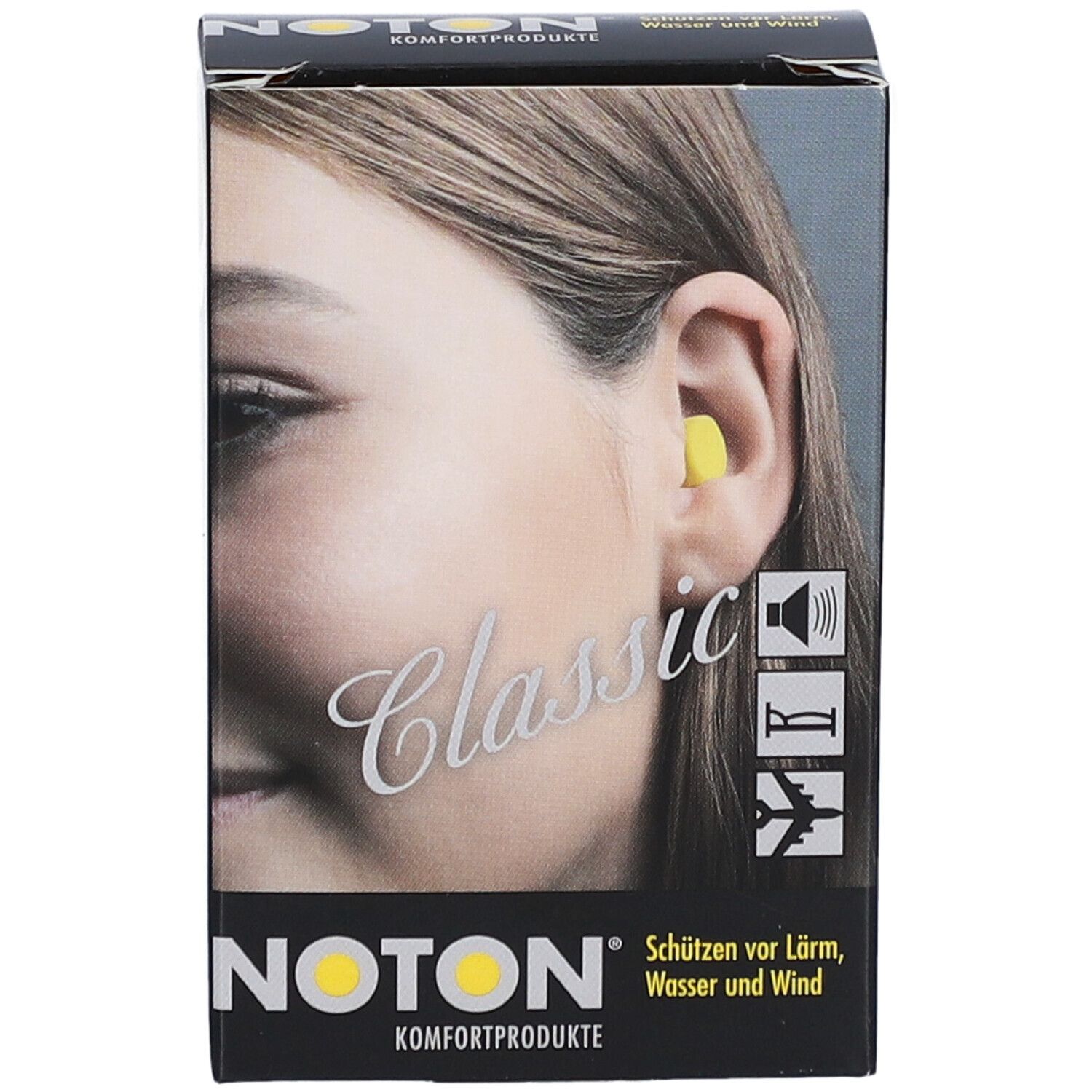 Boîte avec bouchons d'oreille jaunes. Inscription: NOTON, Classic, Komfortprodukte. Femme avec bouchon d'oreille.