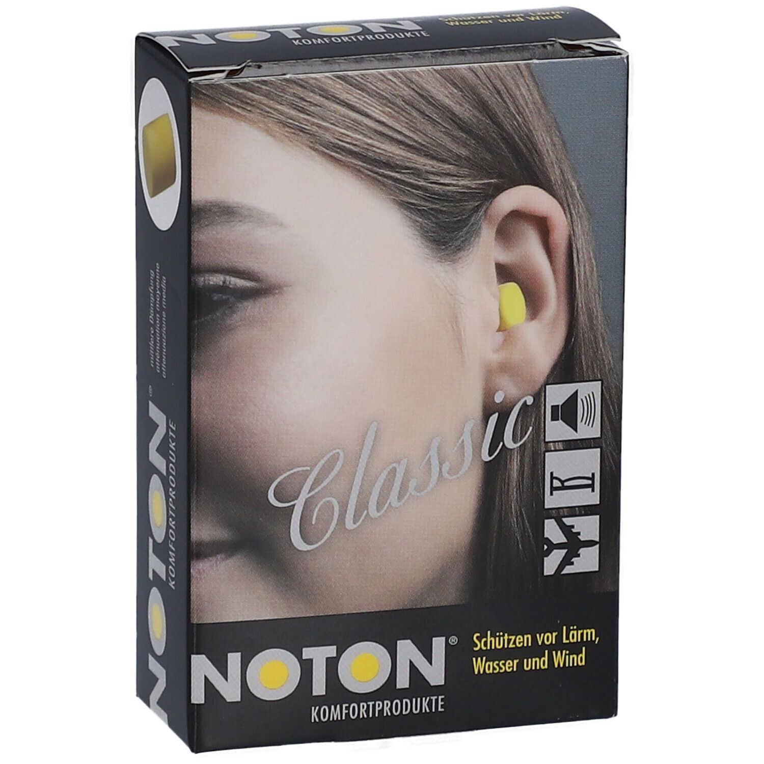 Boîte avec symbole de bouchon d'oreille jaune. Inscription: NOTON, Classic, Komfortprodukte. Femme avec bouchon d'oreille.