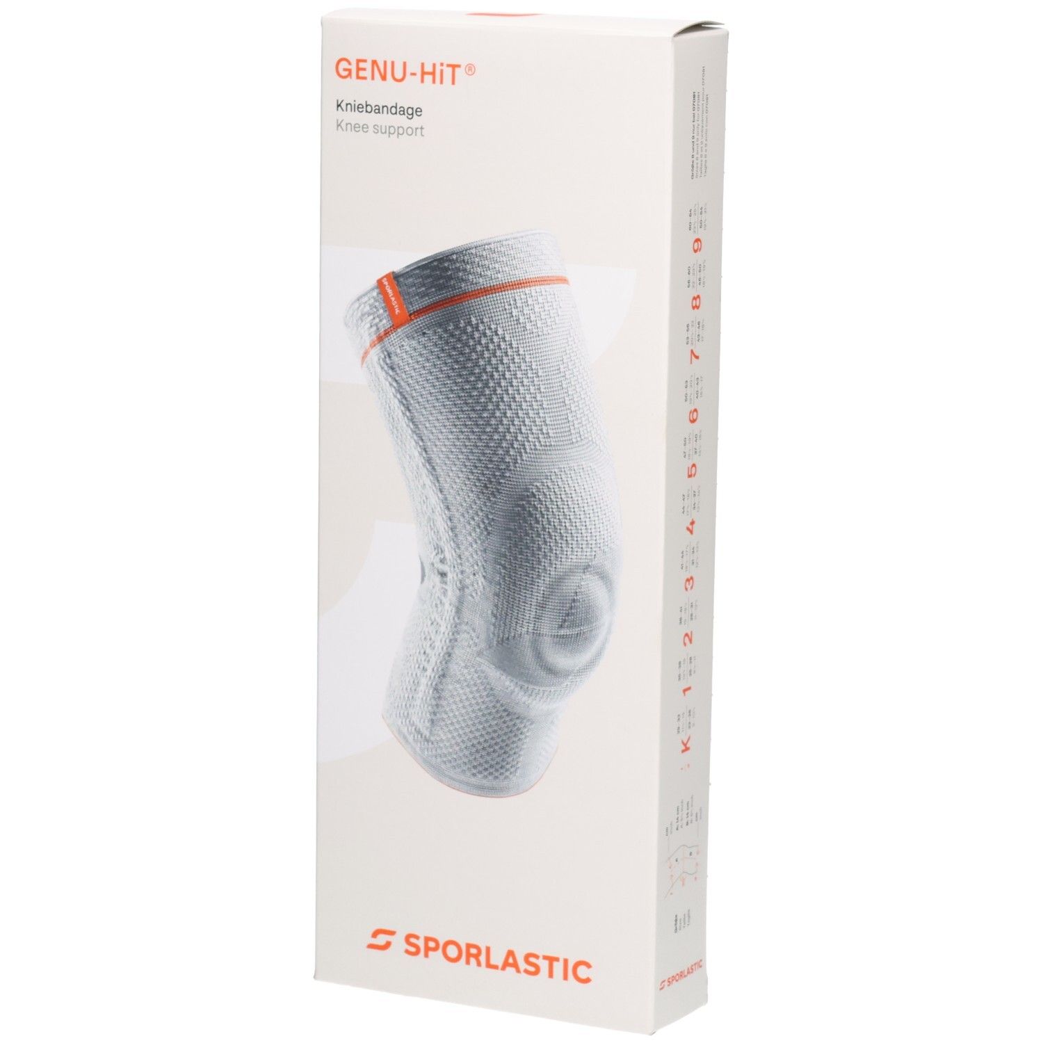 SPORLASTIC GENU-HIT Kniebandage auf weißer Verpackung mit orangefarbenem Akzent.