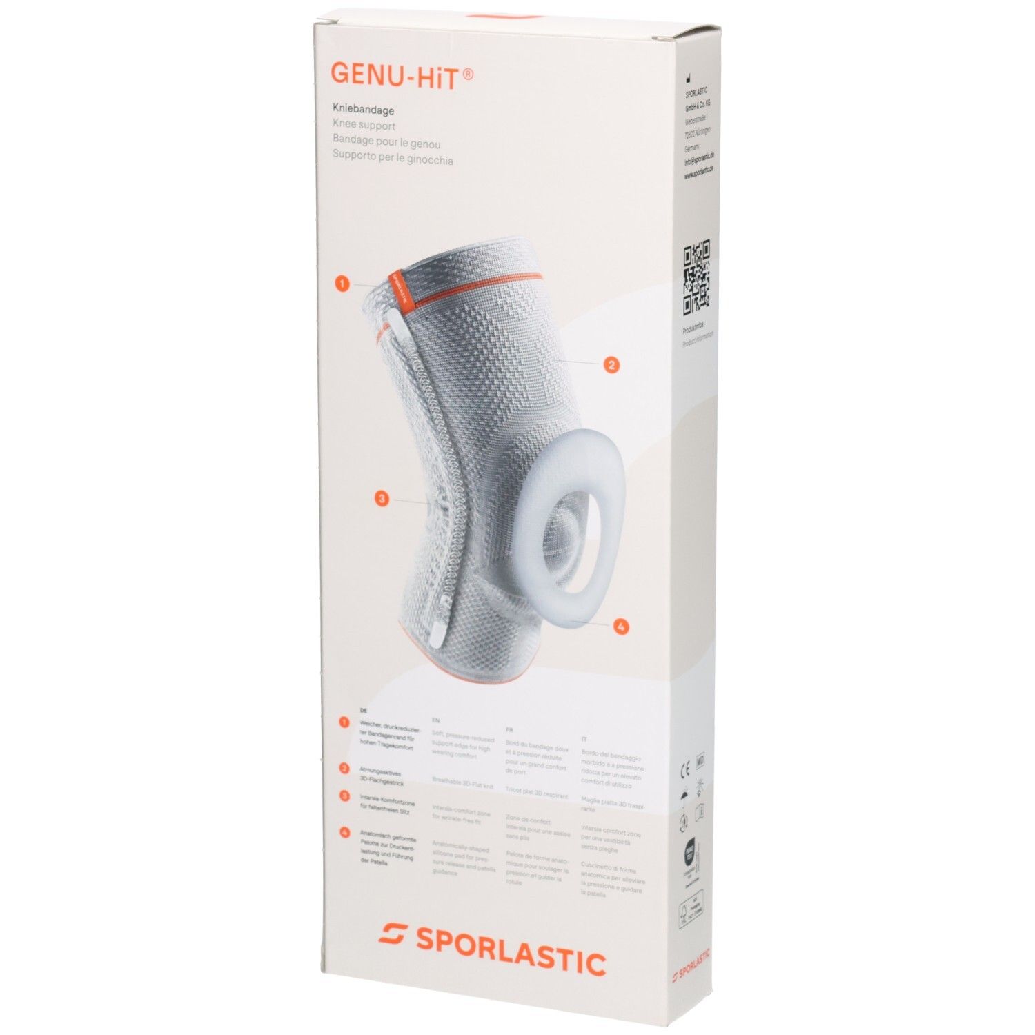 SPORLASTIC GENU-HIT Kniebandage-Verpackung mit seitlicher Darstellung der Bandage und Erklärungen.