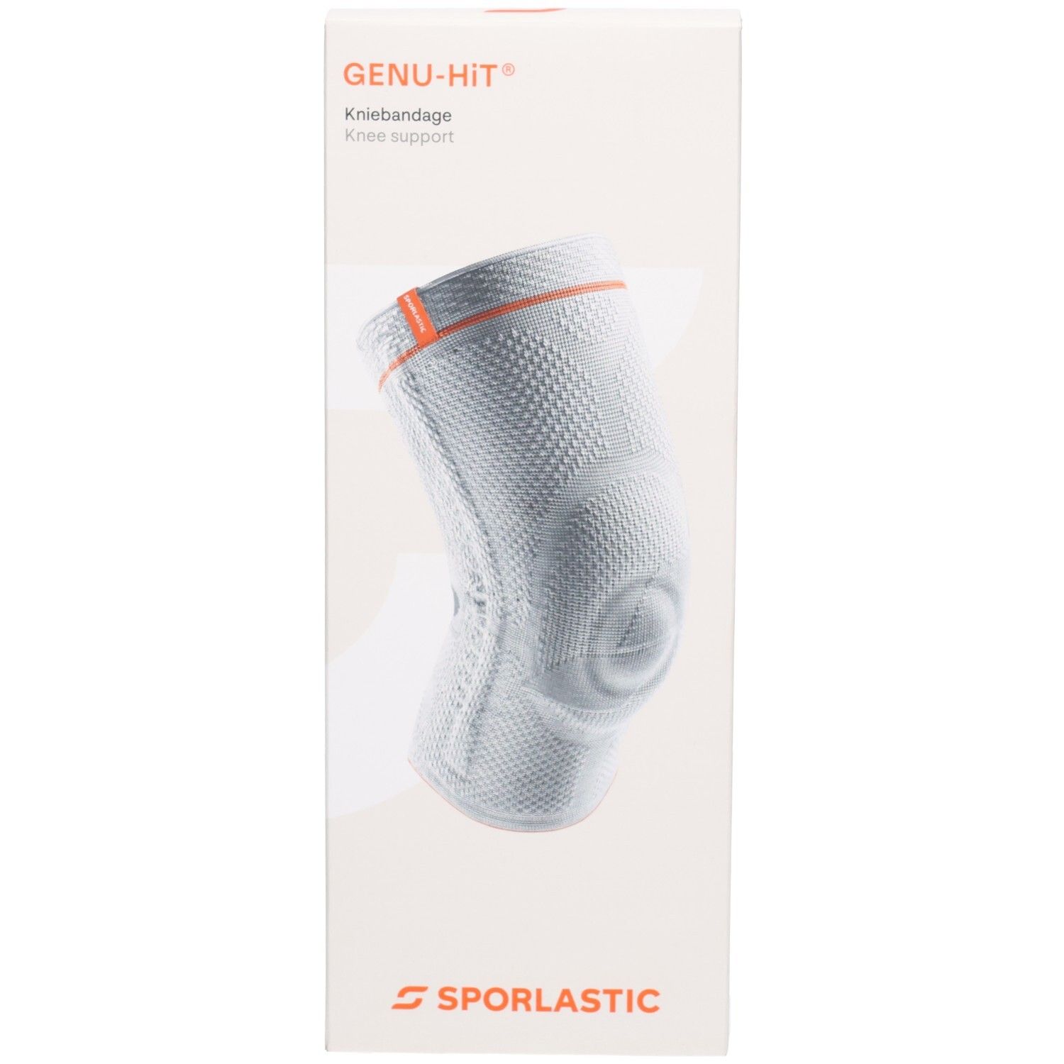 SPORLASTIC GENU-HIT Kniebandage auf weißer Verpackung mit orangefarbenem Akzent.