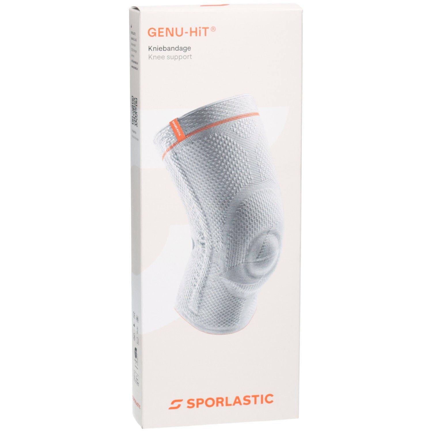 SPORLASTIC GENU-HIT Kniebandage auf weißer Verpackung mit orangefarbenem Akzent.