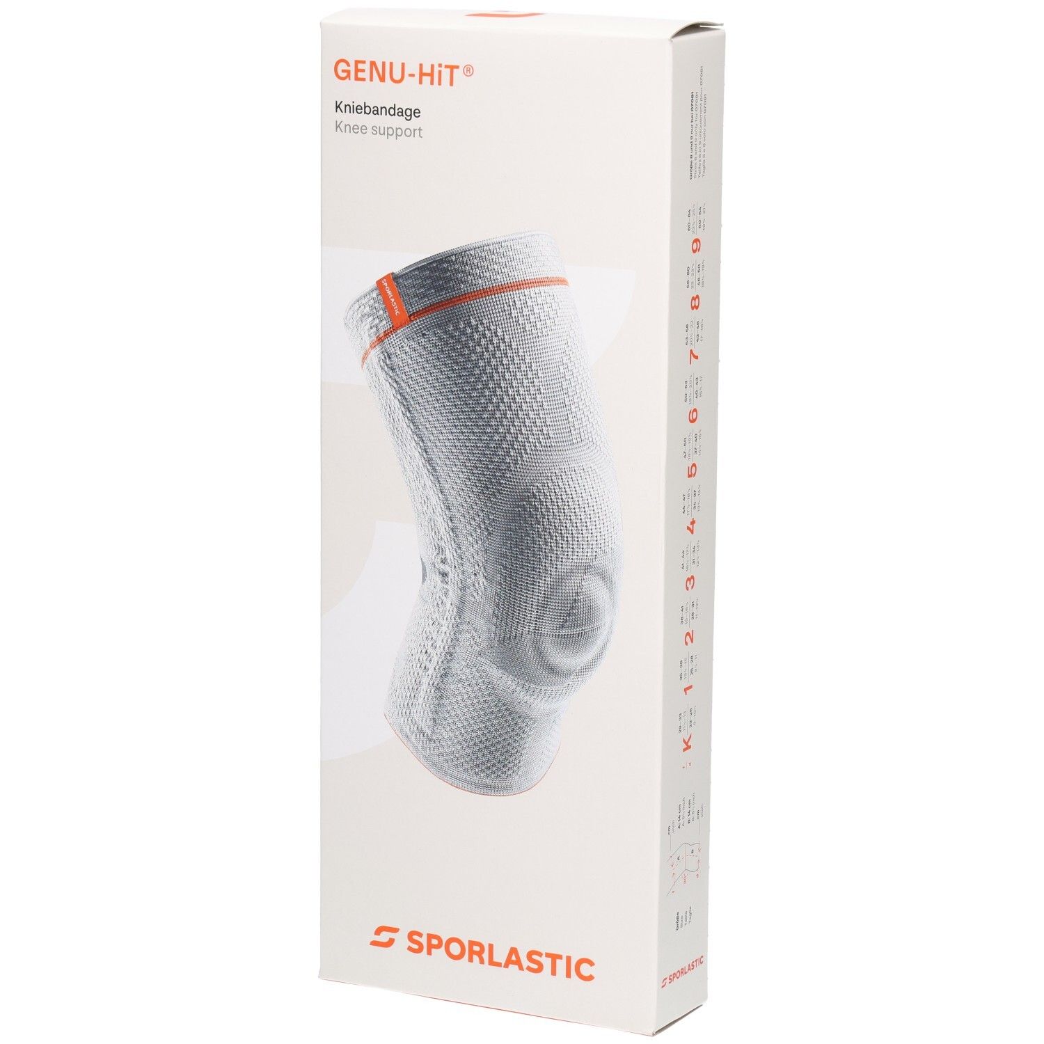 SPORLASTIC GENU-HIT Kniebandage, weiß-grau, mit orangefarbenen Akzenten. Atmungsaktives Material.