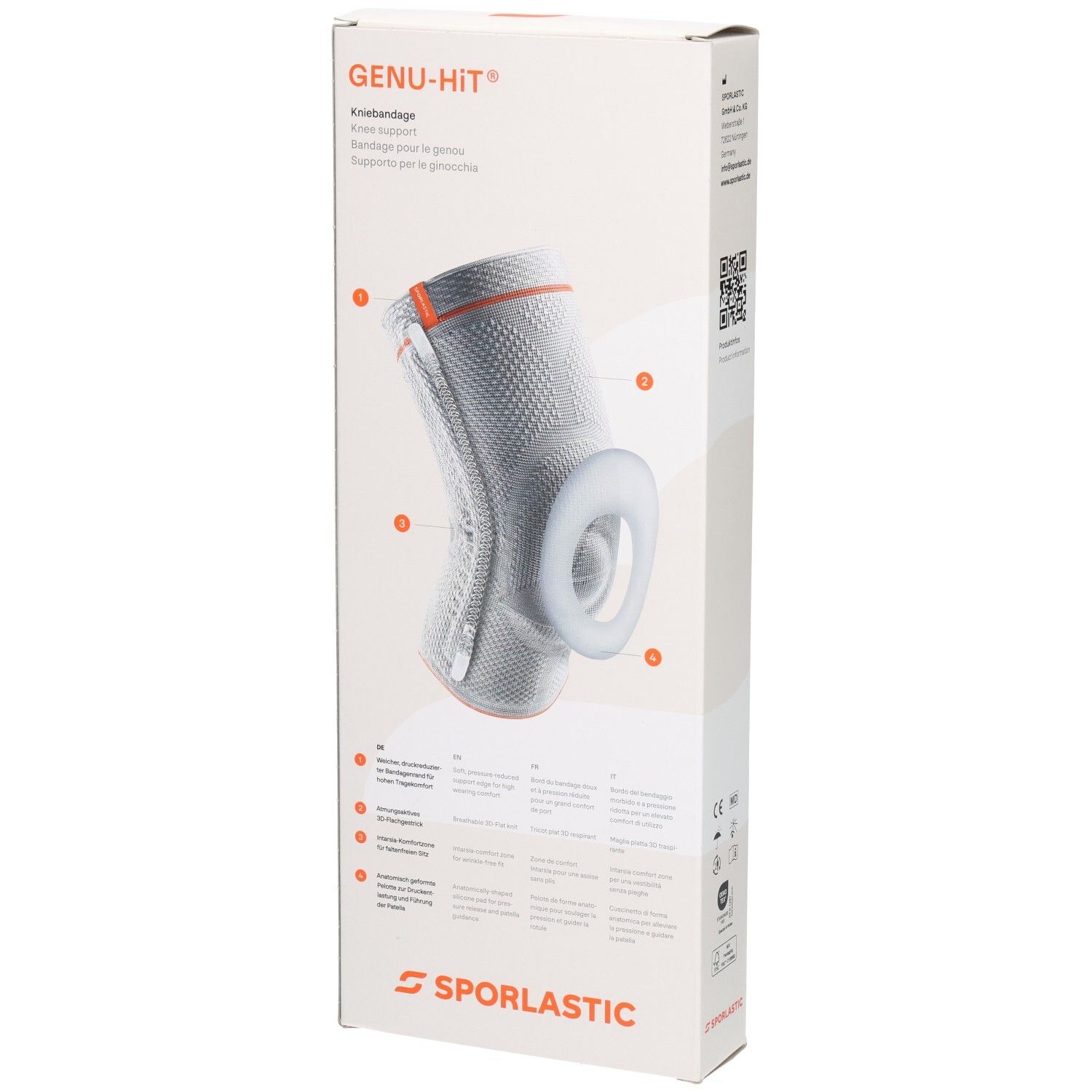 SPORLASTIC GENU-HIT Kniebandage mit Pelotte. Abnehmbare Silikonring-Pelotte zur Stabilisierung.