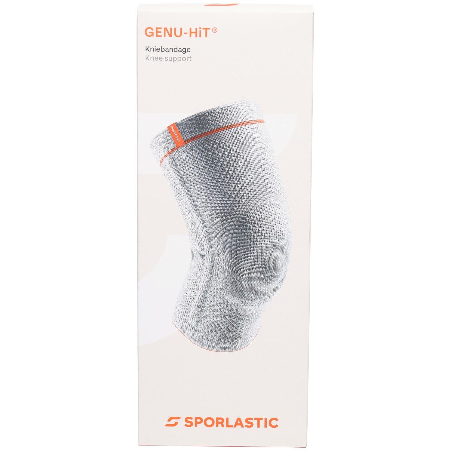 SPORLASTIC GENU-HIT Kniebandage, weiß-grau, mit orangefarbenen Akzenten. Atmungsaktives Material.