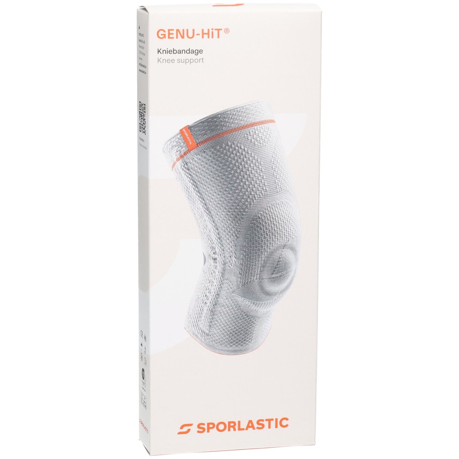 SPORLASTIC GENU-HIT Kniebandage, weiß-grau, mit orangefarbenen Akzenten. Atmungsaktives Material.