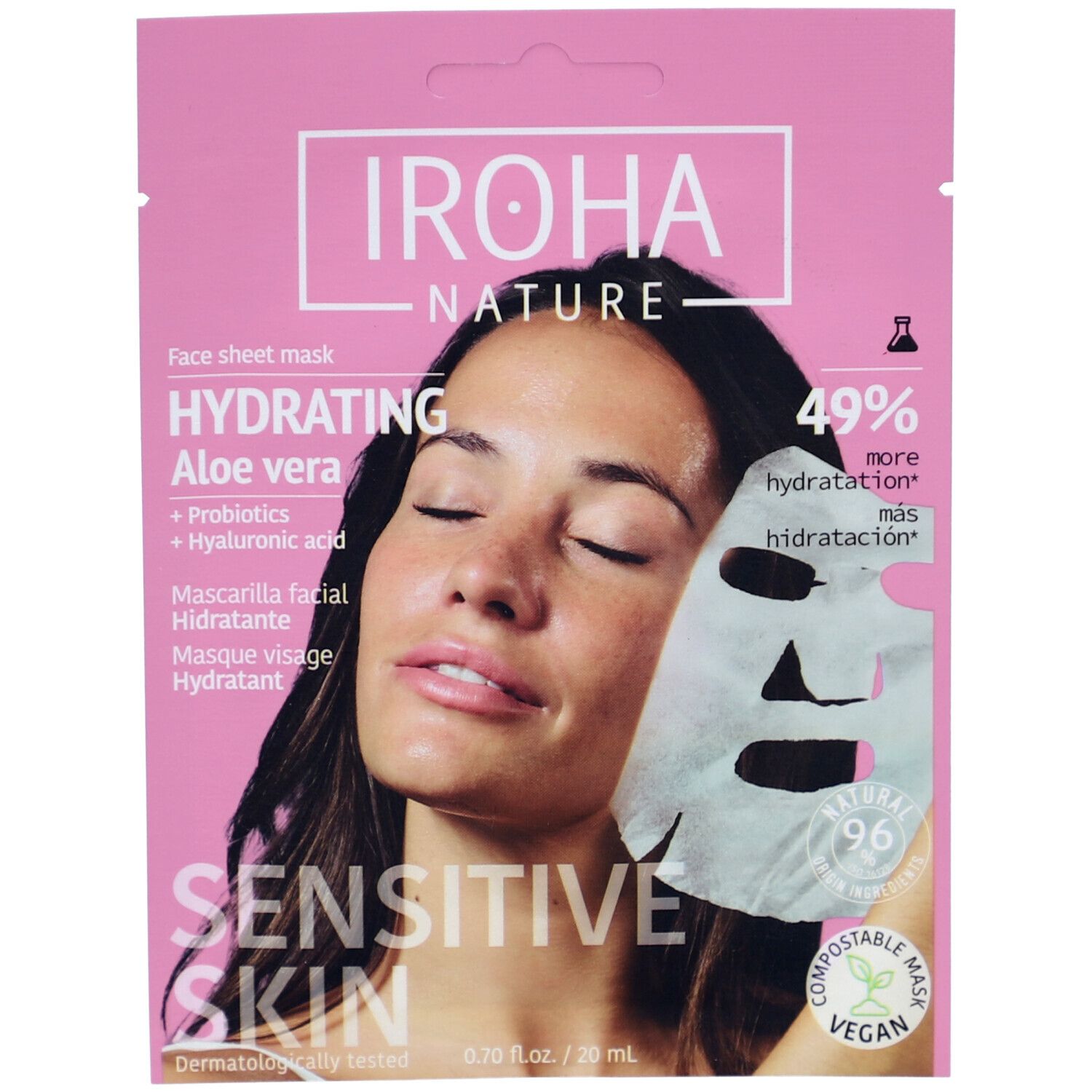Gesichtsmaske mit Aloe Vera. Rosa Verpackung, Frau mit Maske. Text: IROHA Nature, Hydrating, Sensitive Skin.