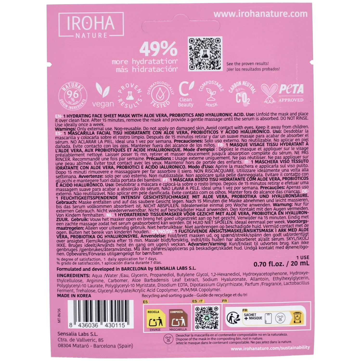 Rückseite der Gesichtsmaskenverpackung. Rosa Hintergrund, Text und Logos. Enthält Informationen zu Inhaltsstoffen und Anwendung.