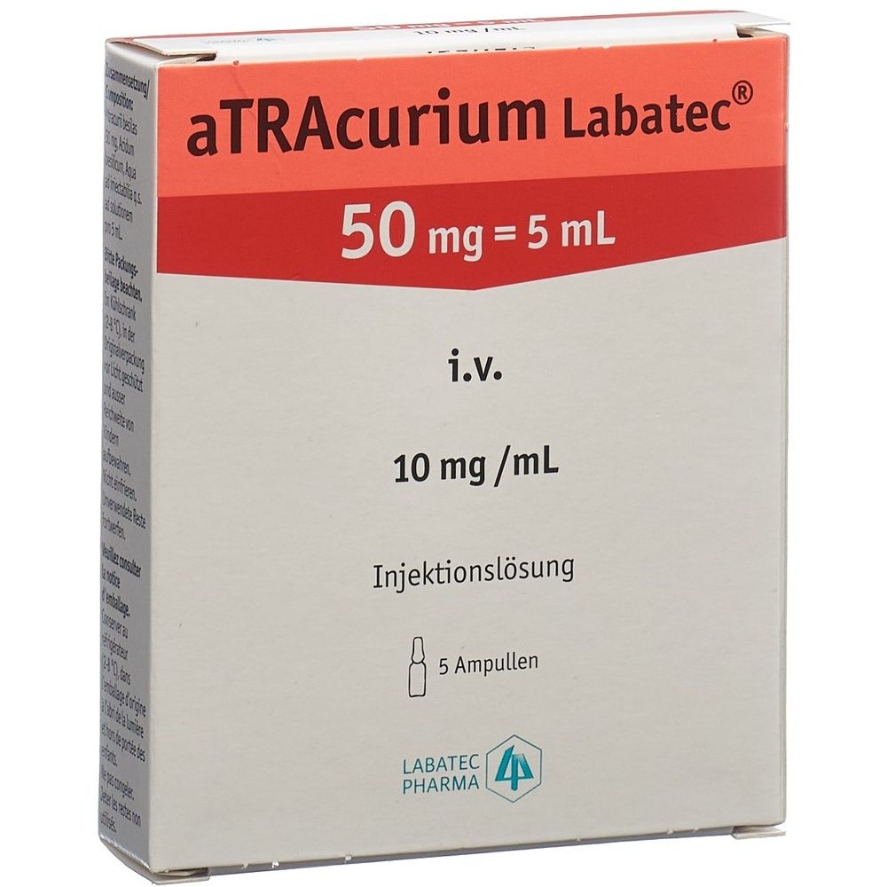 Boîte de aTRAcurium Labatec. Inscriptions: 50 mg = 5 ml, i.v., 10 mg/mL, solution injectable, 5 ampoules. Logo Labatec Pharma.