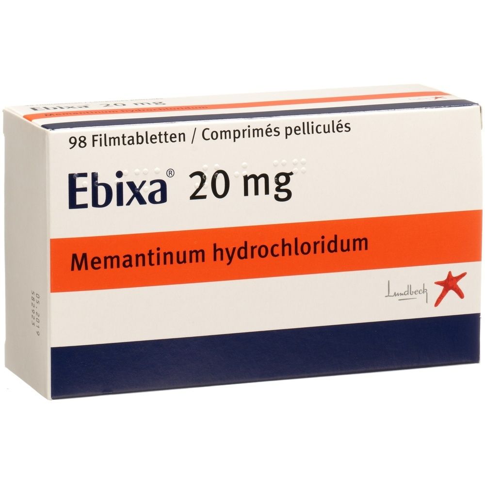 Karton mit der Aufschrift "Ebixa 20 mg". Orange, weiß und blaue Farbgebung. Rechteckige Form.