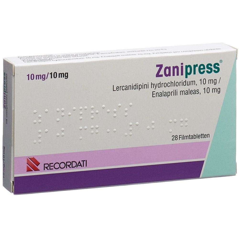 Packung ZANIPRESS Filmtabl. mit Produktnamen und Dosierung. Farbgebung: Weiß, Lila, Türkis. Herstellerlogo unten links.