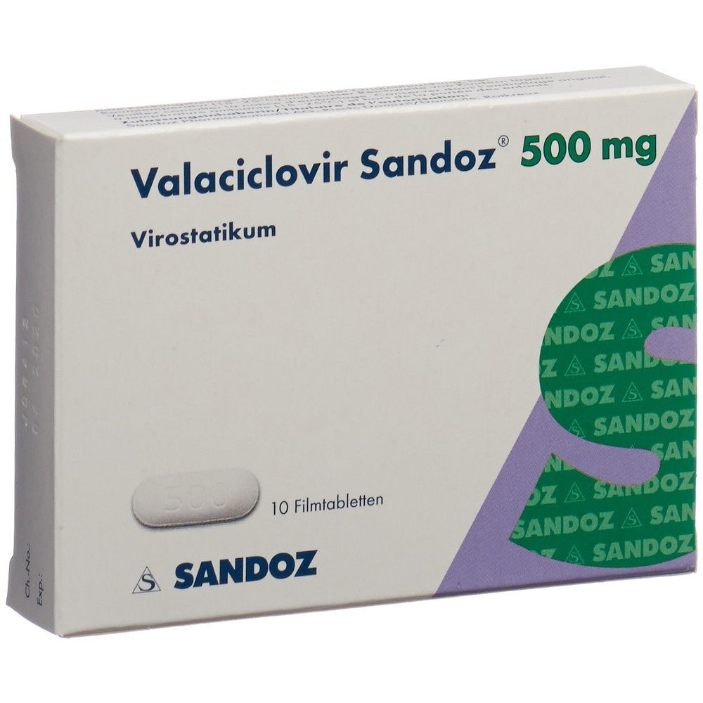 Karton von VALACICLOVIR Sandoz Filmtabl 500 mg. Weißer Karton mit grünen und violetten Akzenten. Text: VALACICLOVIR Sandoz 500 mg.