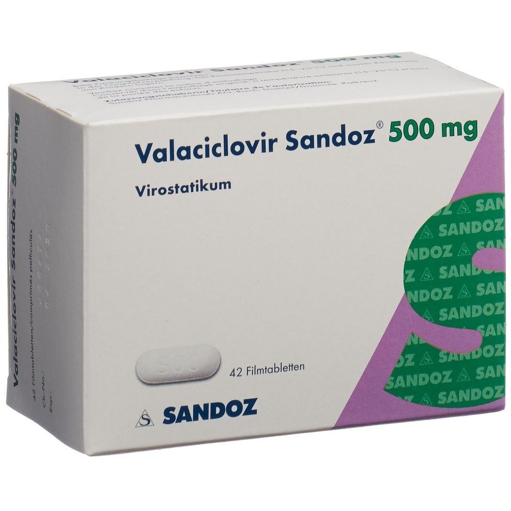 Karton mit VALACICLOVIR Sandoz Filmtabl 500 mg. Aufschrift mit Produktname, Dosierung und Hersteller. Verpackung in Weiß, Lila und Grün.