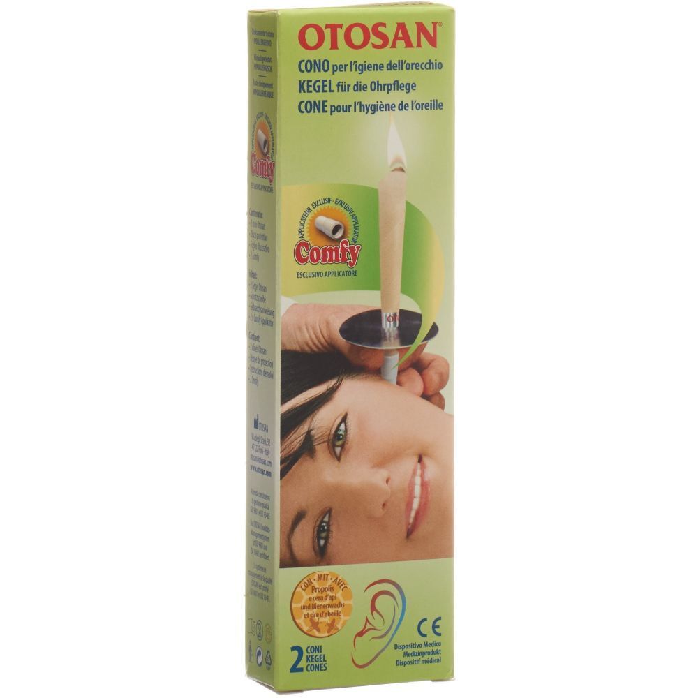 Verpackung mit OTOSAN® Comfy Konus. Produktabbildung mit brennendem Konus am Ohr. Text in Deutsch, Italienisch, Französisch.