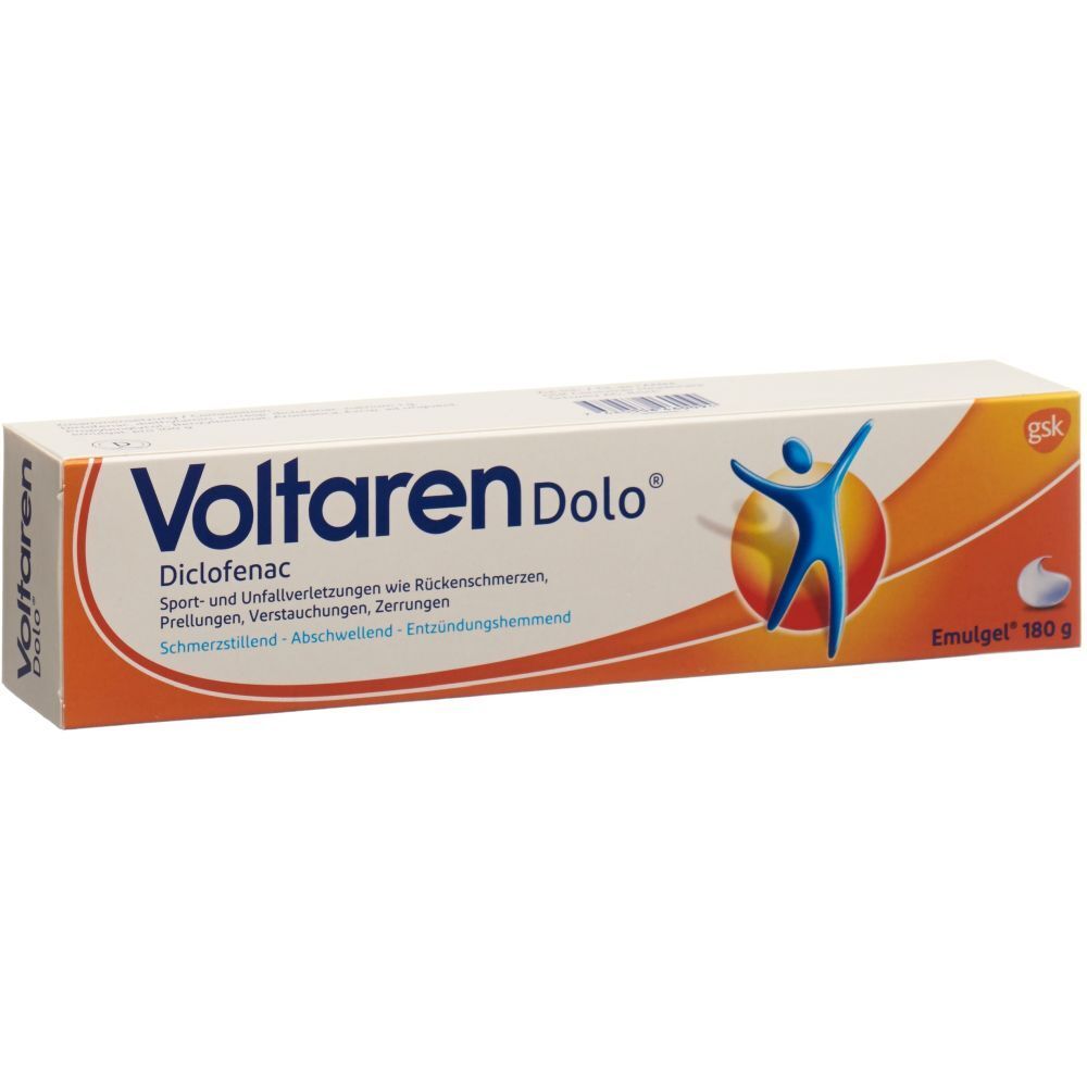 Karton mit Voltaren Dolo Emulgel. Enthält Diclofenac. Aufschrift: Schmerzstillend, abschwellend, entzündungshemmend. 180 g.