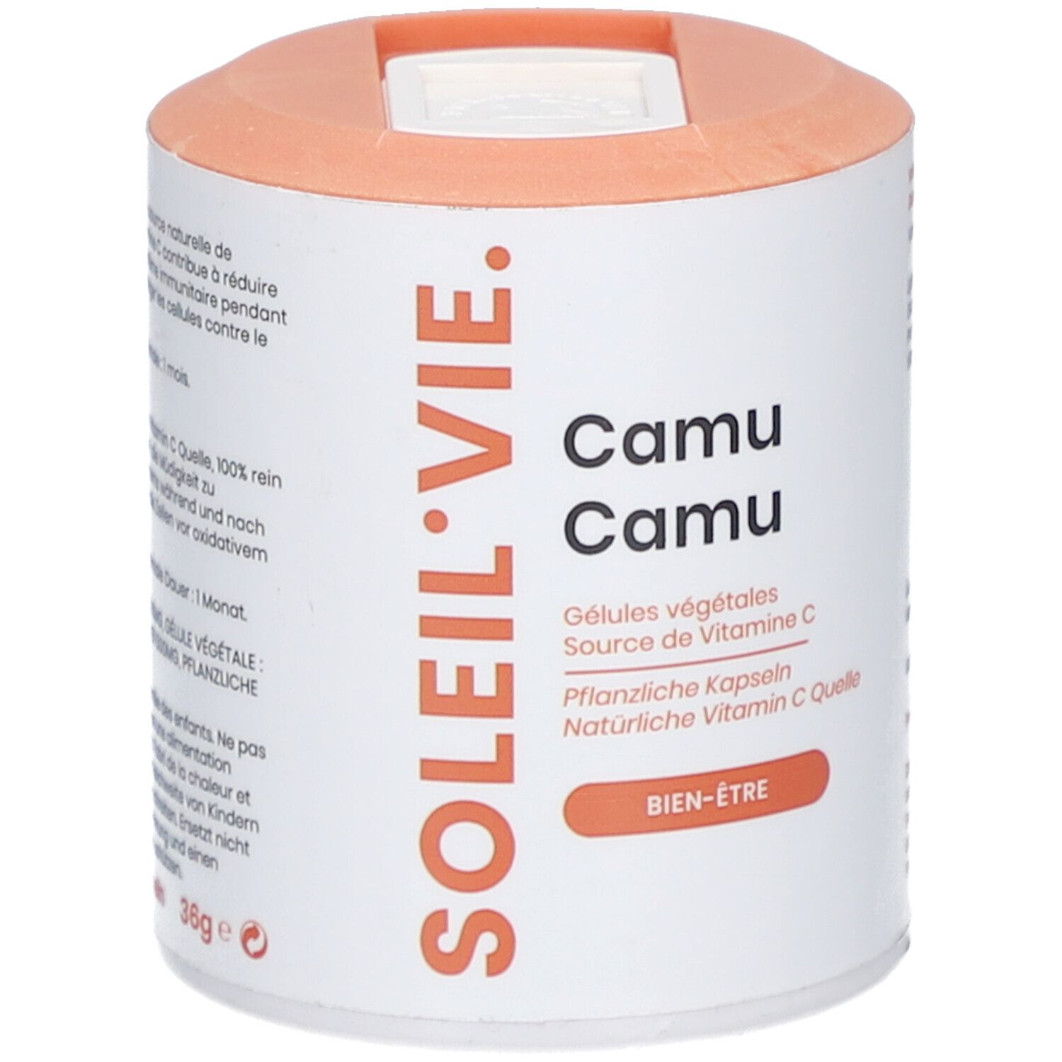 Zylindrische Dose mit SOLEIL VIE Camu Camu. Orangefarbener Deckel. Schriftzug Camu Camu und weitere Informationen.