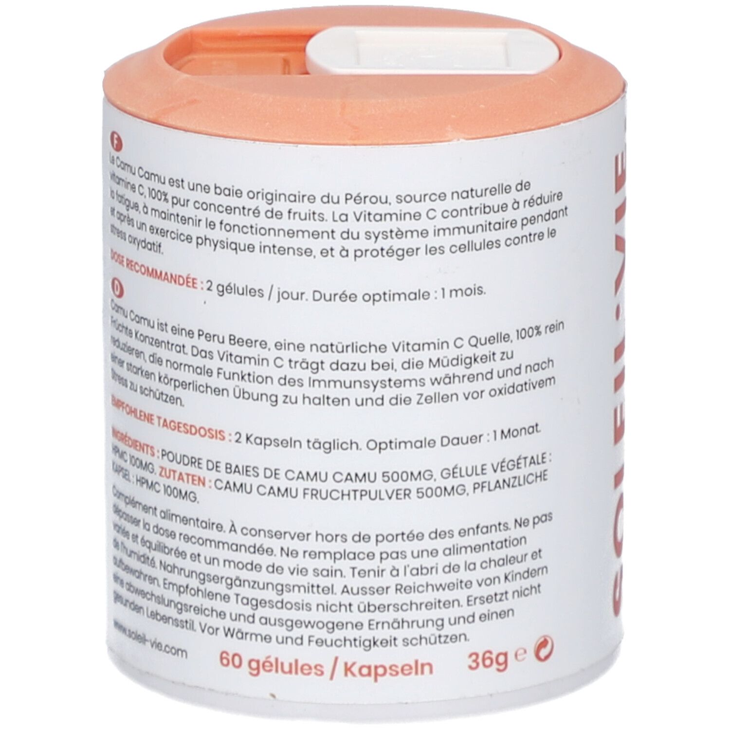 Rückseite der Dose mit Text. Enthält Informationen zu Inhaltsstoffen, Dosierung und Haltbarkeit. Orangefarbener Deckel.