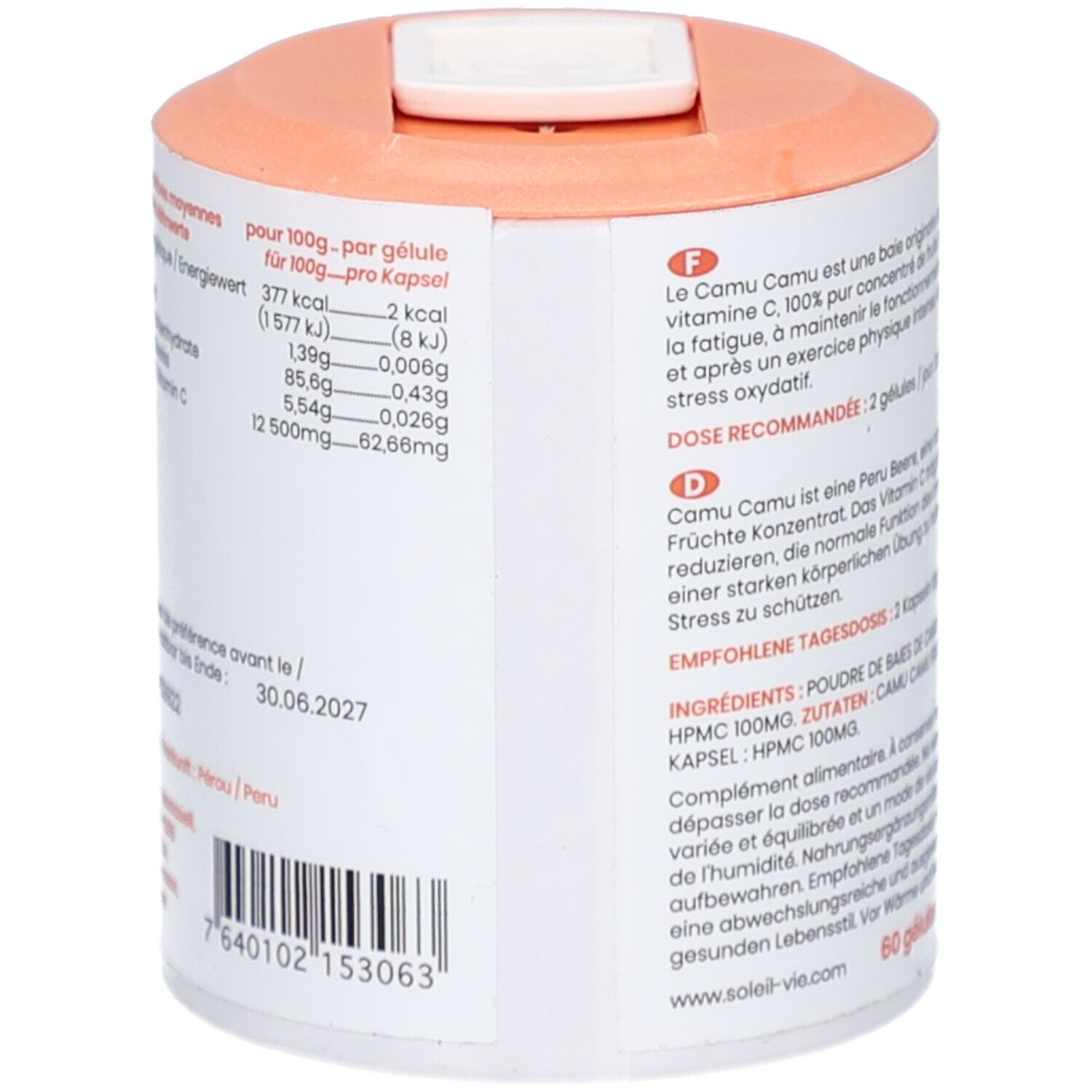 Dose mit Nährwertangaben und Mindesthaltbarkeitsdatum. Orangefarbener Deckel. Barcode und weitere Informationen.