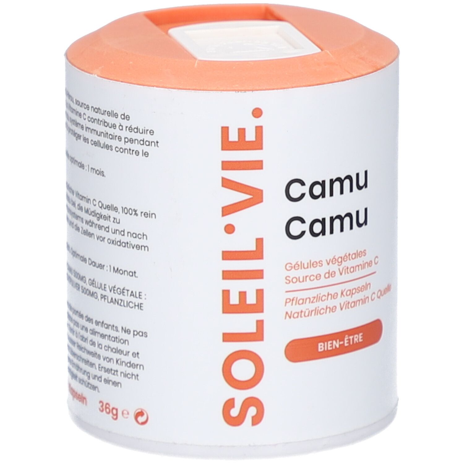 Zylindrische Dose mit SOLEIL VIE Camu Camu. Orangefarbener Deckel. Schriftzug Camu Camu und weitere Informationen.