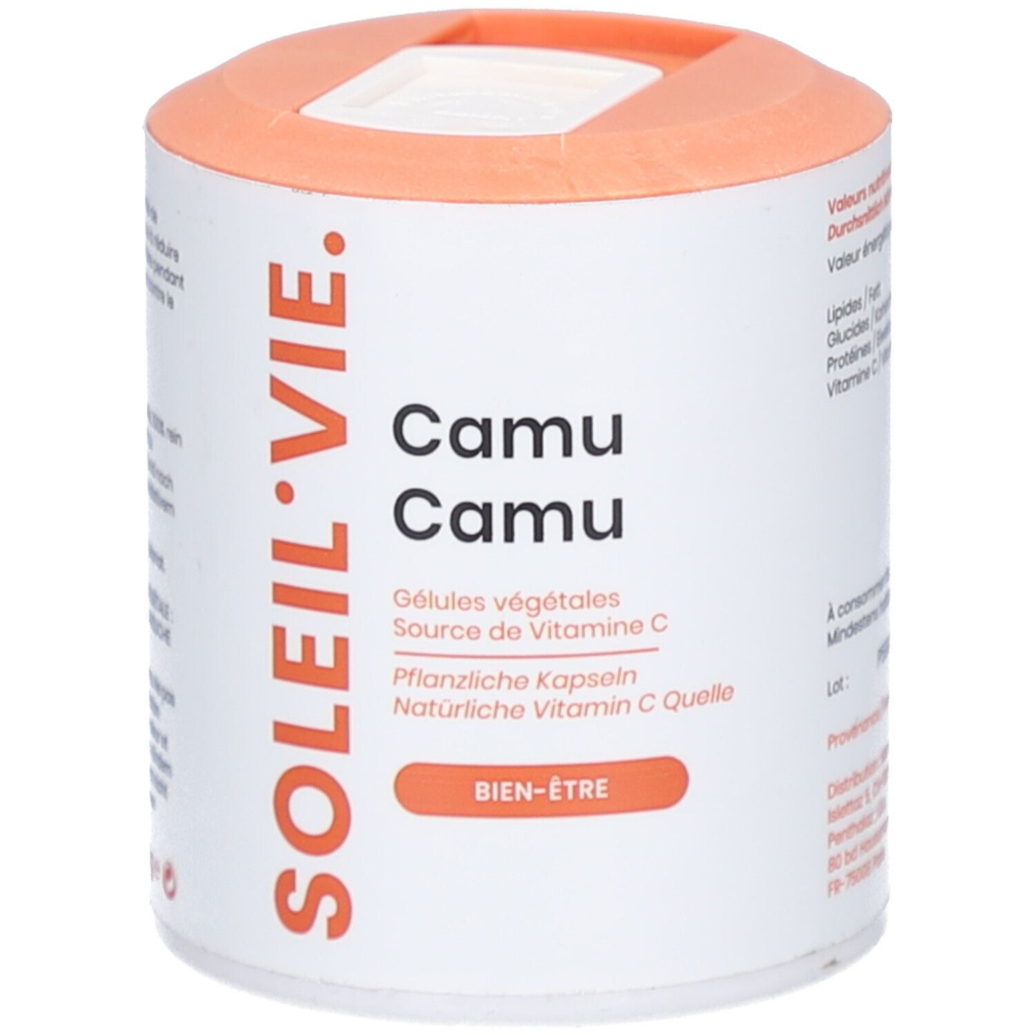 Dose mit SOLEIL VIE Camu Camu. Orangefarbener Deckel. Schriftzug Camu Camu und weitere Informationen.