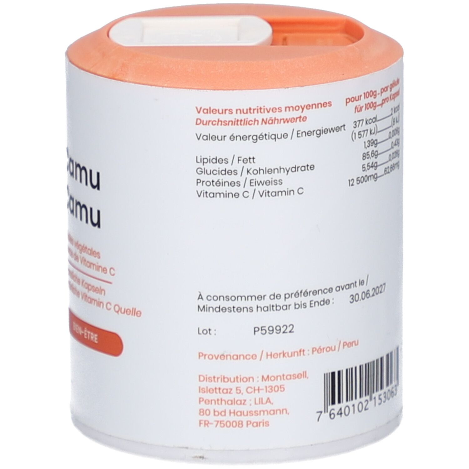 Dose mit Nährwertangaben und Mindesthaltbarkeitsdatum. Orangefarbener Deckel. Barcode und weitere Informationen.