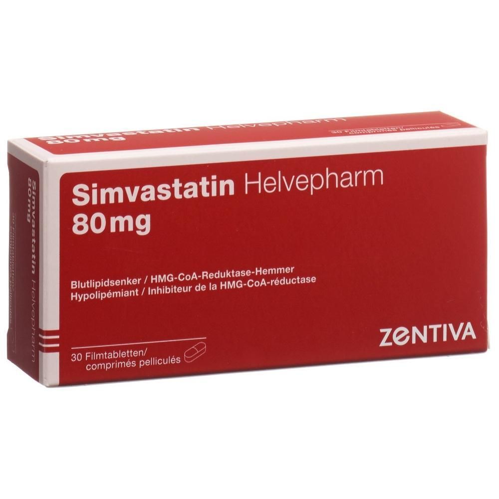 Rote Schachtel mit Simvastatin Helvepharm 80mg. Text: Blutlipidsenker, 30 Filmtabletten. Marke ZENTIVA.