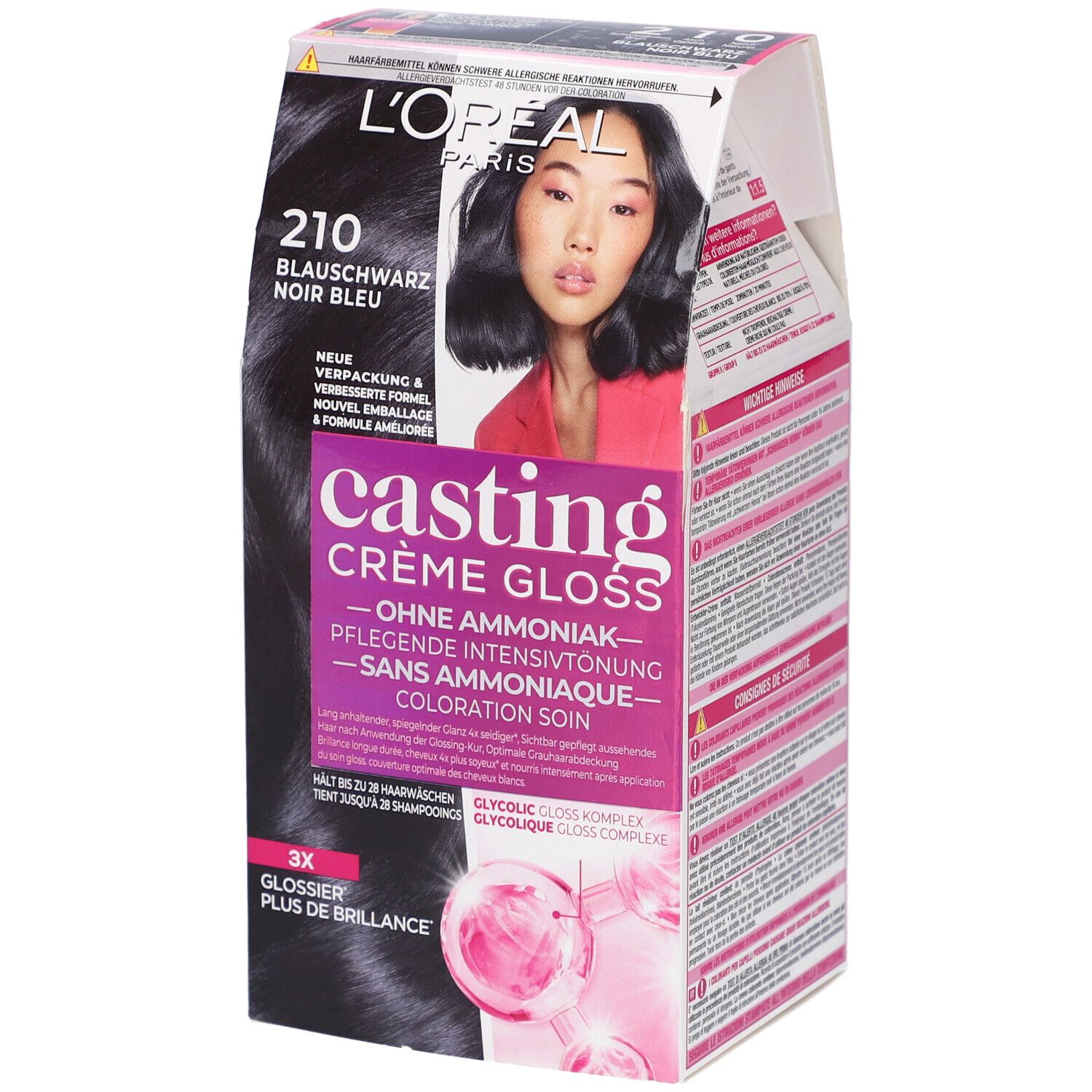 Coloration Casting Crème Gloss L'Oréal Paris, teinte 210 Noir Bleu. Boîte avec photo du produit et modèle.
