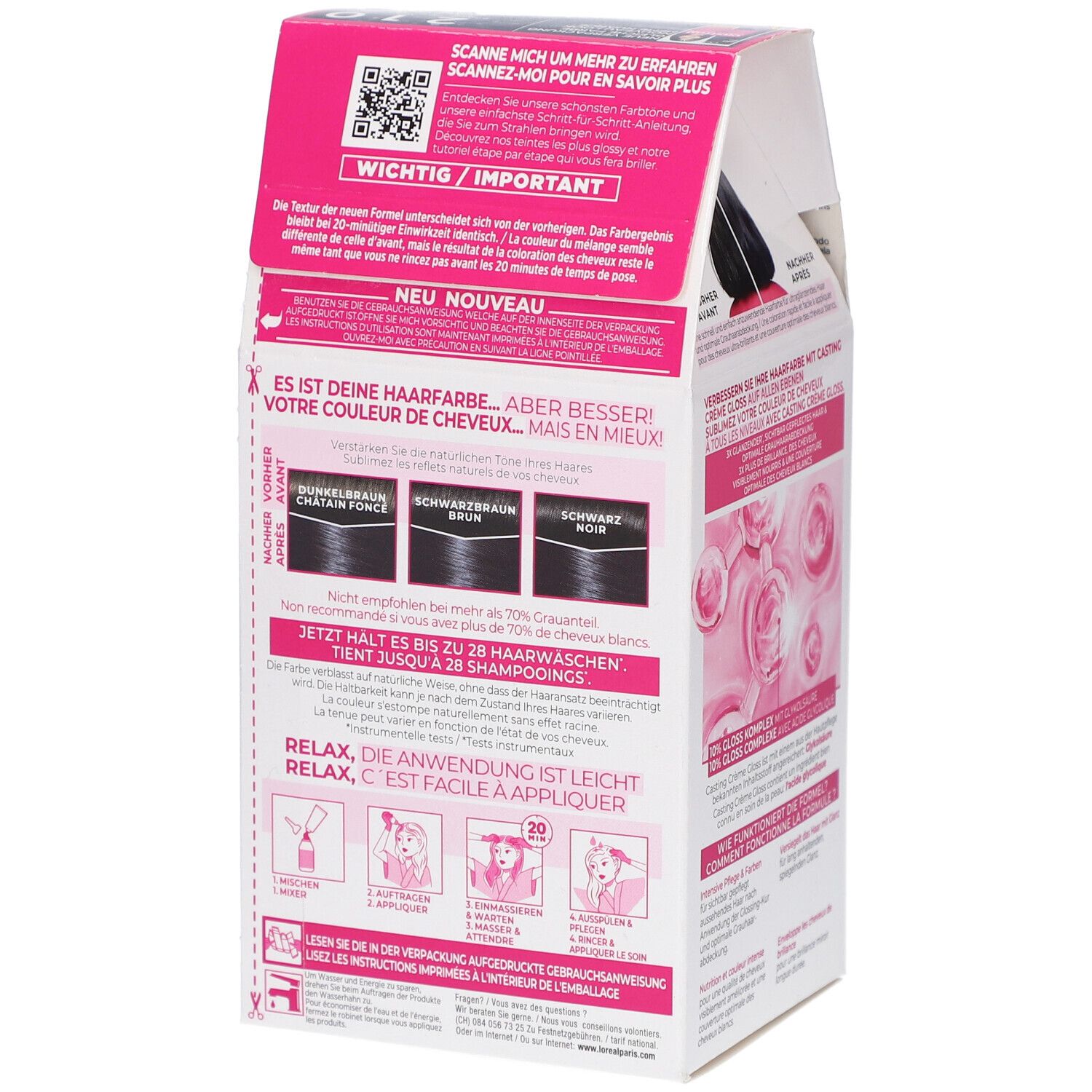 Dos de la boîte de coloration. Texte avec résultats de couleur, instructions et code QR.