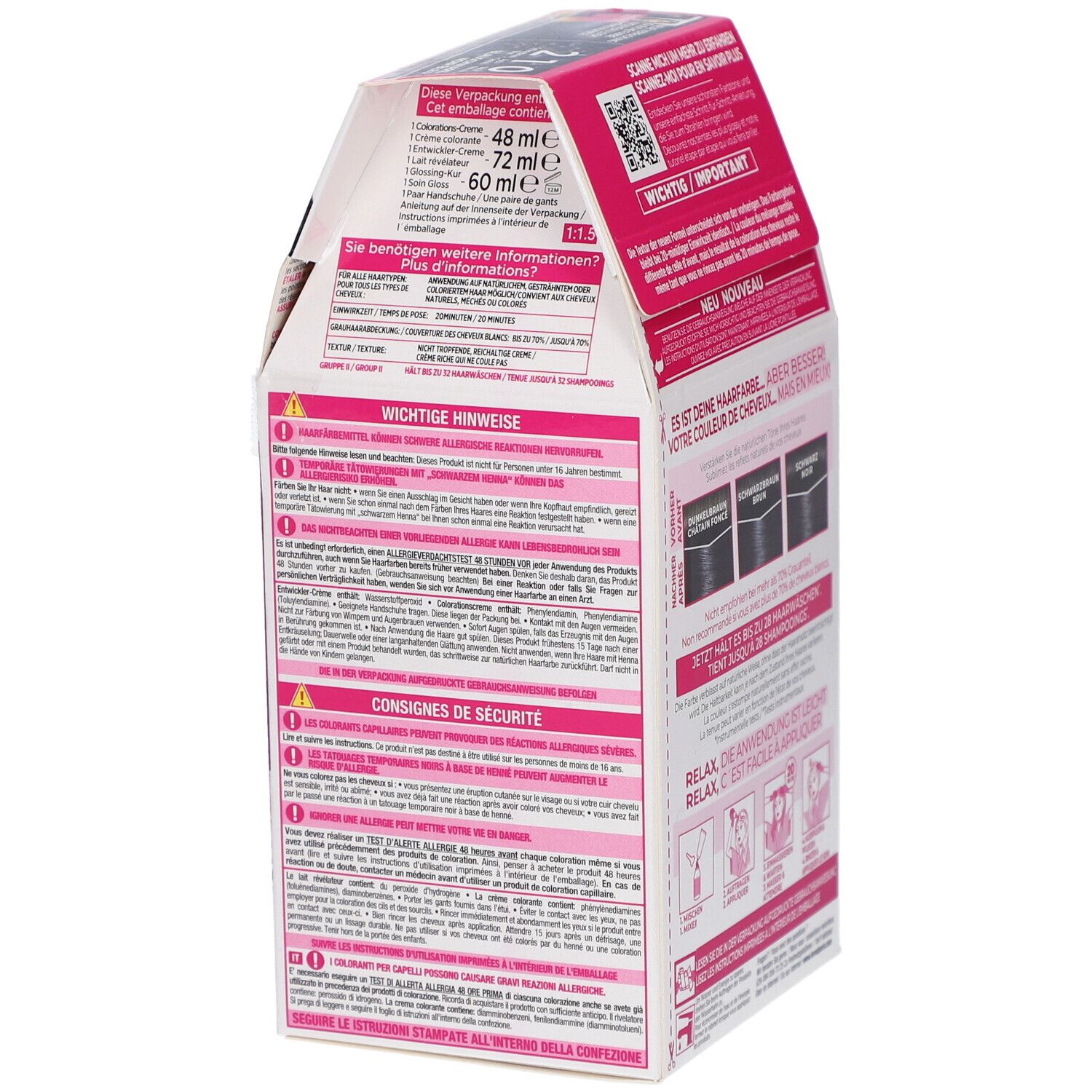 Côté de la boîte de coloration. Texte avec avertissements, informations sur les ingrédients et instructions.
