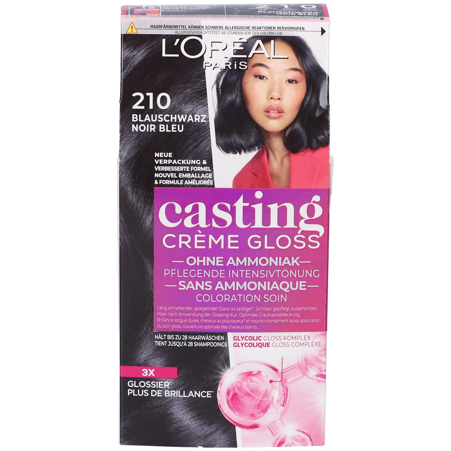 Face avant de la boîte de coloration. L'Oréal Paris Casting Crème Gloss, teinte 210 Noir Bleu.