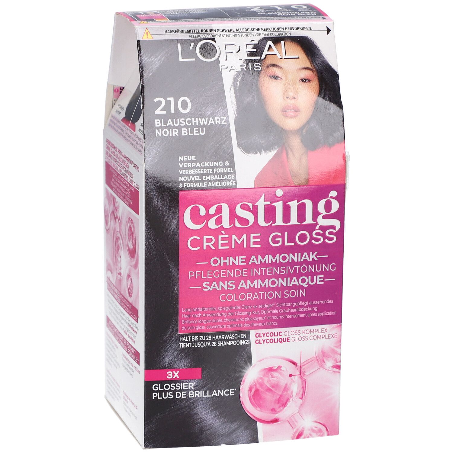 Face avant de la boîte de coloration. L'Oréal Paris Casting Crème Gloss, teinte 210 Noir Bleu. Image du produit.