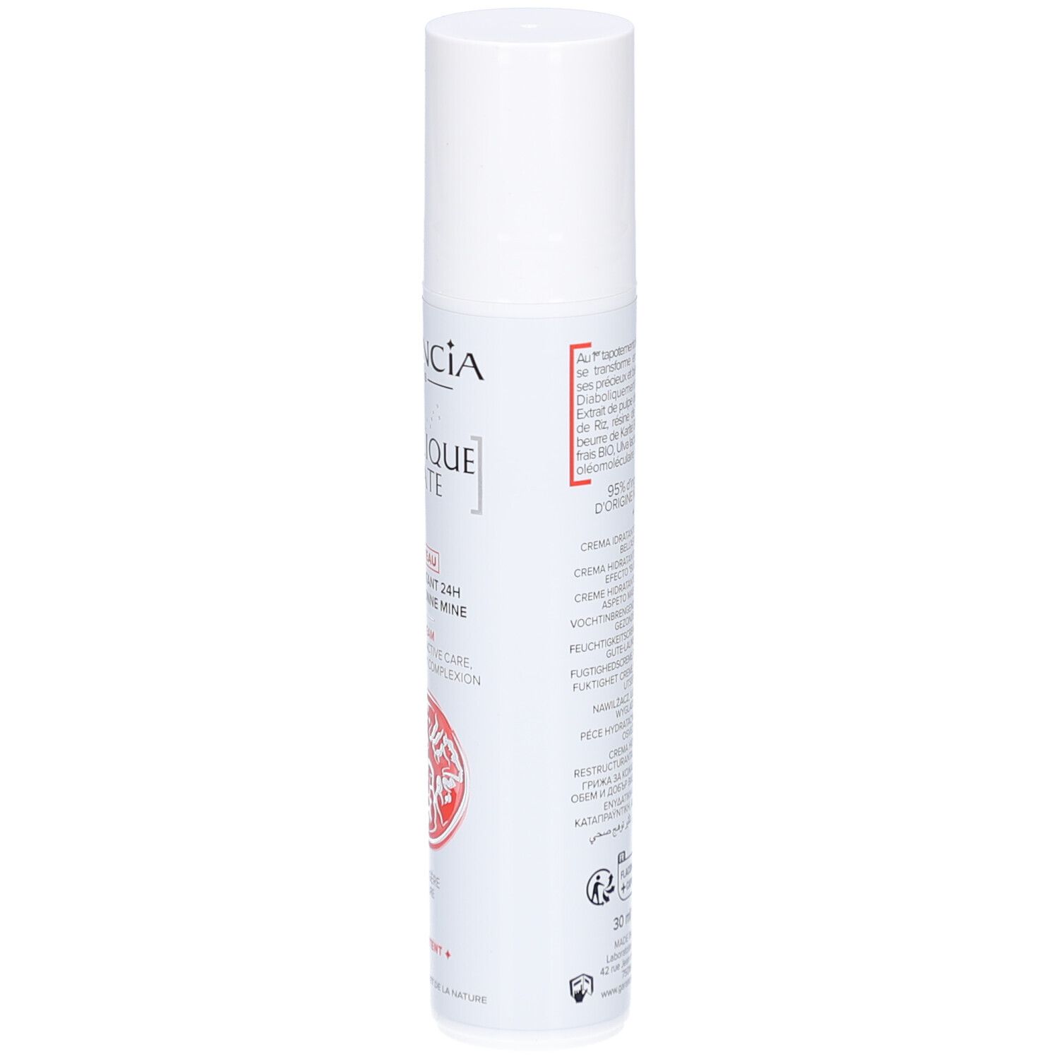 Flacon blanc avec texte: GARANCIA, Diabolique Tomate, Crème d'Eau, Water Cream. Illustration de tomate rouge.