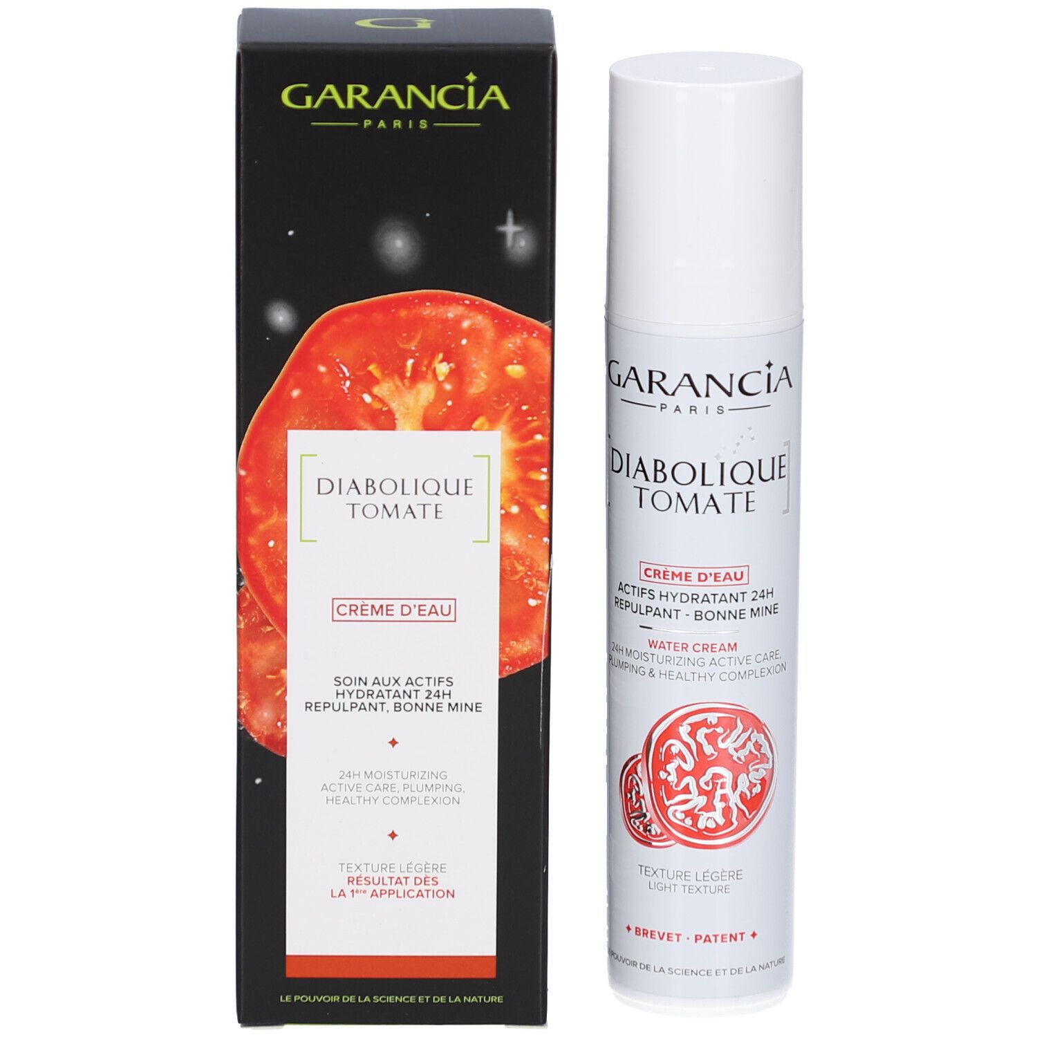 Emballage et flacon. Emballage: GARANCIA, Diabolique Tomate, Crème d'Eau. Flacon: GARANCIA, Diabolique Tomate.