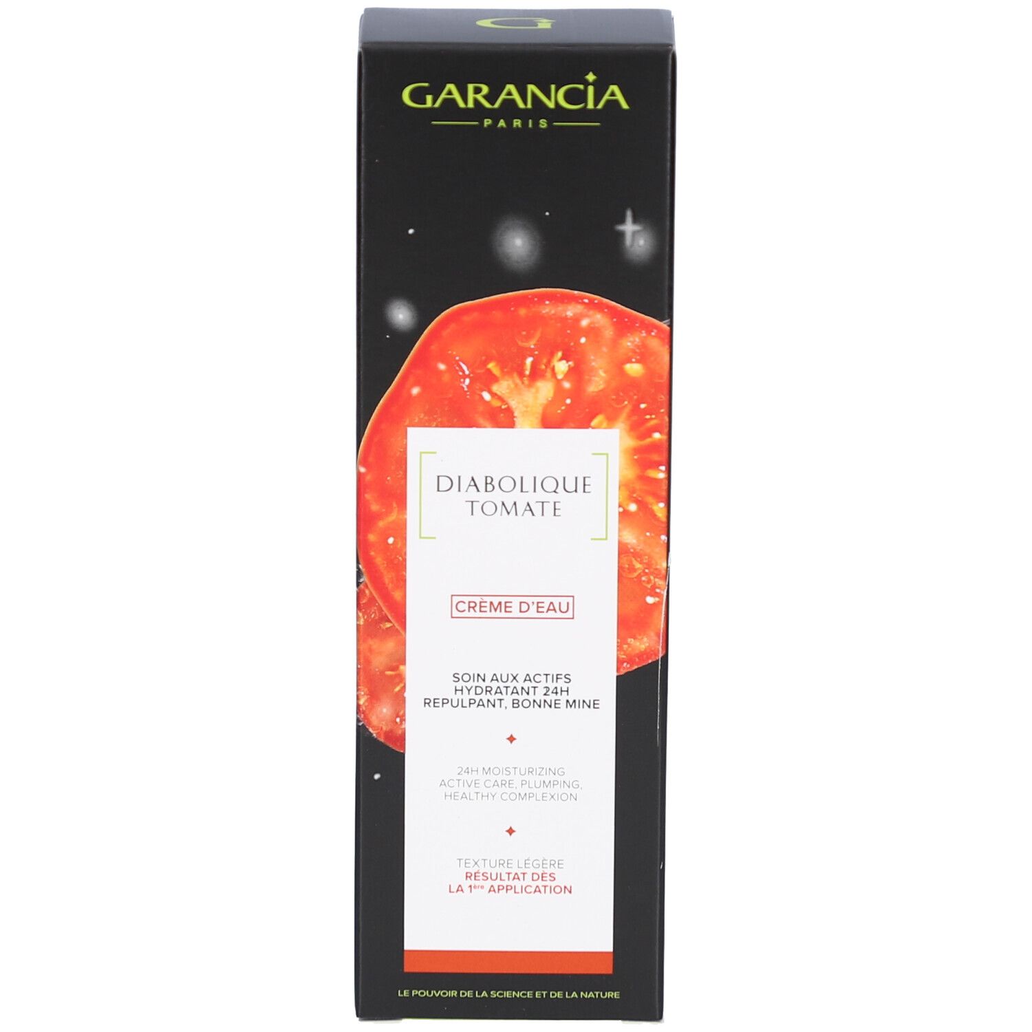 Emballage du produit. Texte: GARANCIA, Diabolique Tomate, Crème d'Eau. Illustration d'une tomate.