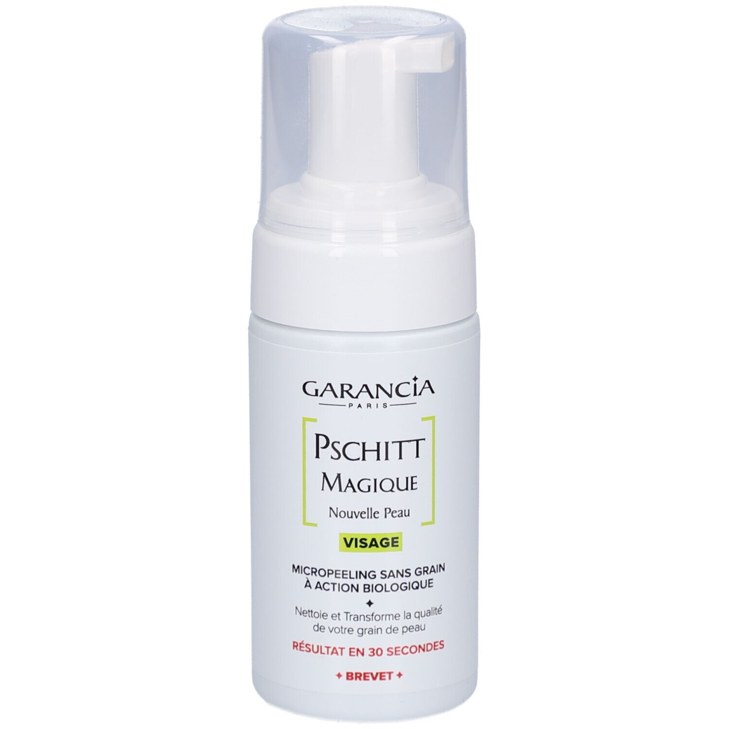 Flacon blanc avec pompe. Inscription: GARANCIA, Pschitt Magique, Nouvelle Peau, Visage. Micropeeling sans grain.