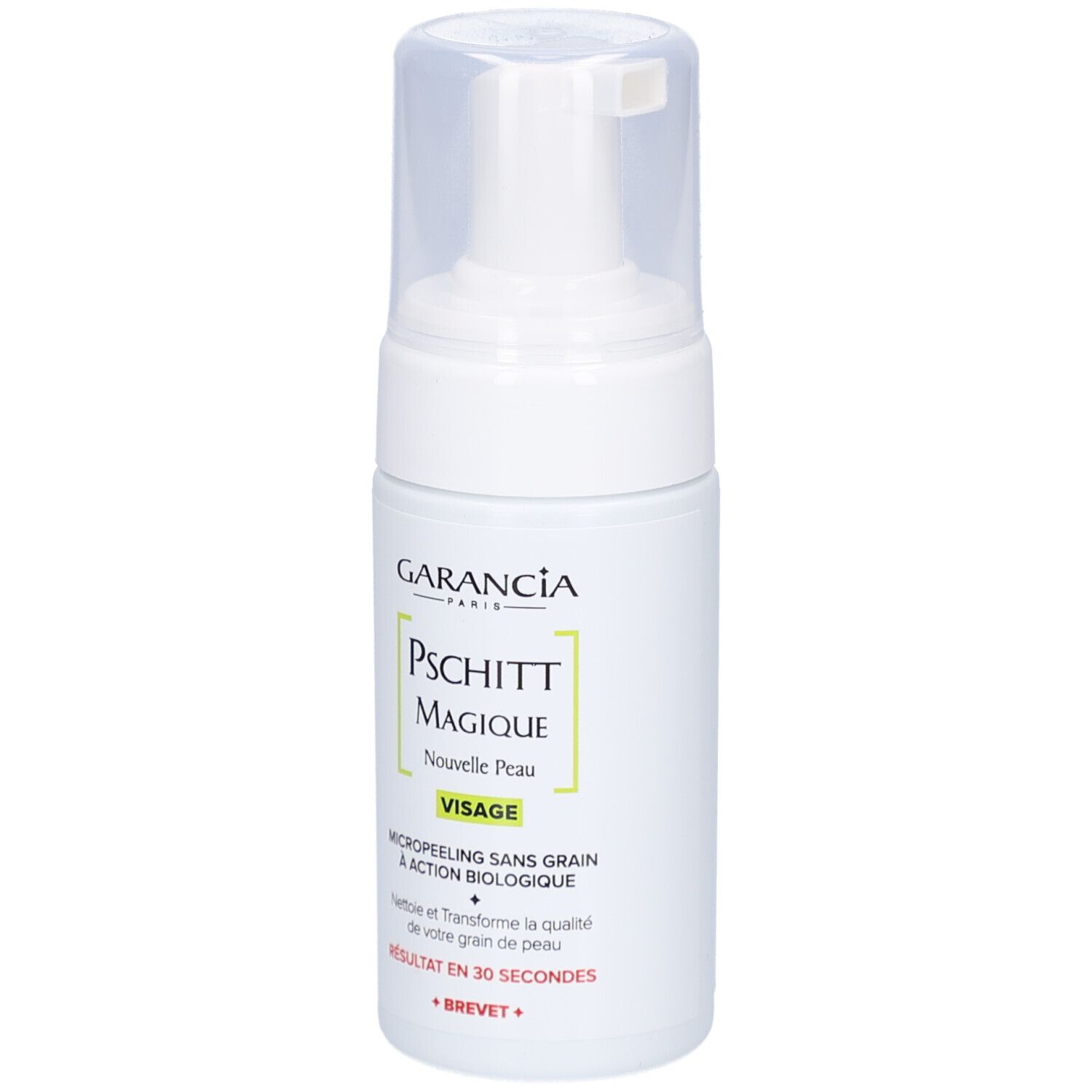 Flacon blanc avec pompe. Inscription: GARANCIA, Pschitt Magique, Nouvelle Peau, Visage. Micropeeling sans grain.