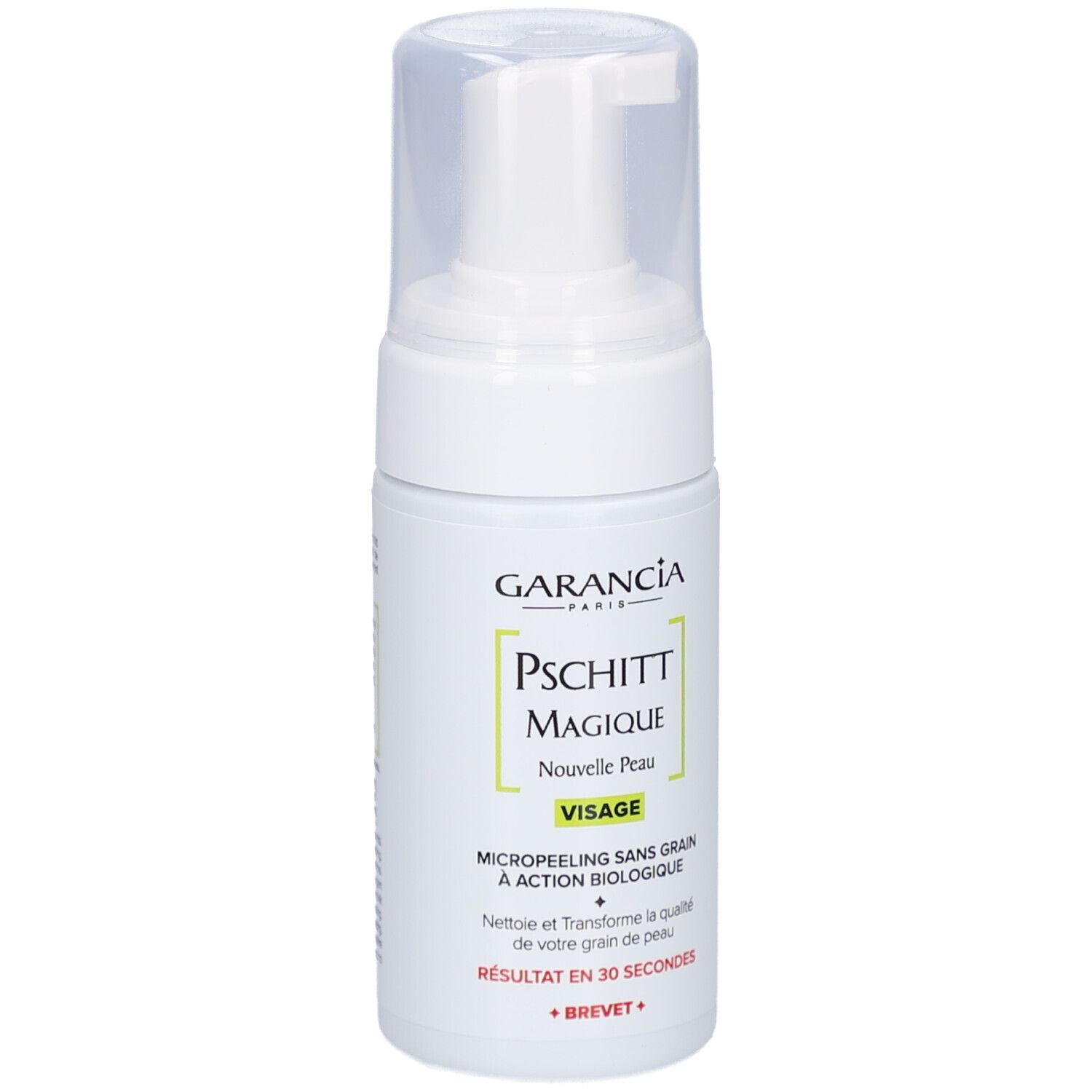 Flacon blanc avec pompe. Inscription: GARANCIA, Pschitt Magique, Nouvelle Peau, Visage. Micropeeling sans grain.