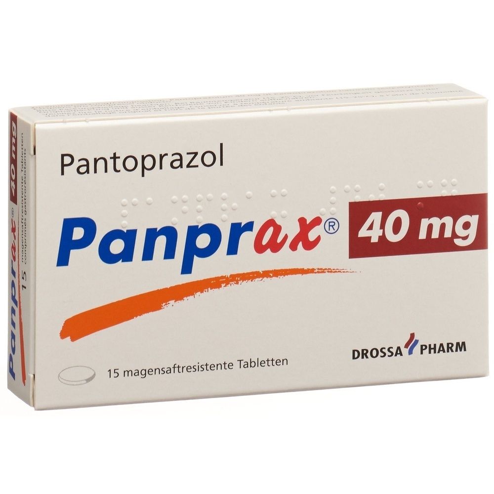 Kartonverpackung mit der Aufschrift "Panprax 40 mg". Die Verpackung ist weiß mit orangefarbenen und roten Akzenten.