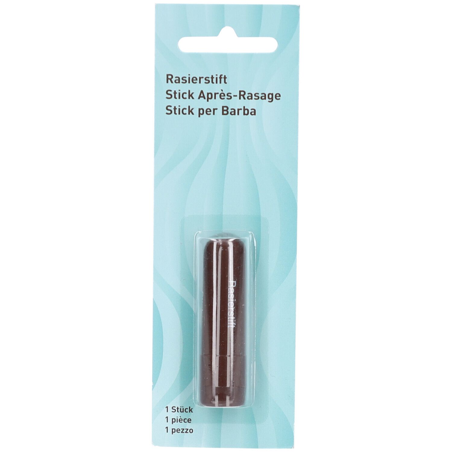 Bâton de rasage brun dans un emballage blister. Nom du produit: Rasierstift, Stick Après-Rasage, Stick per Barba. 1 pièce.