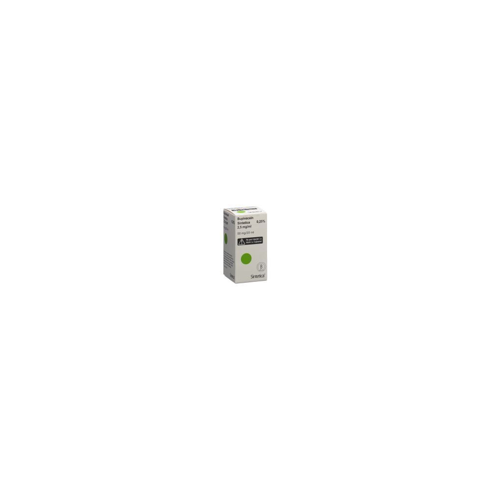 Kartonverpackung mit Produktinformationen. Sichtbar: BUPIVACAIN Sintetica 2.5 mg/ml. Grüne und weiße Farbgebung.