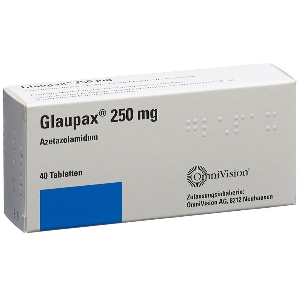 Kartonverpackung mit blauer Markierung. Aufschrift: Glaupax 250 mg. Weiße rechteckige Schachtel mit Produktinformationen.