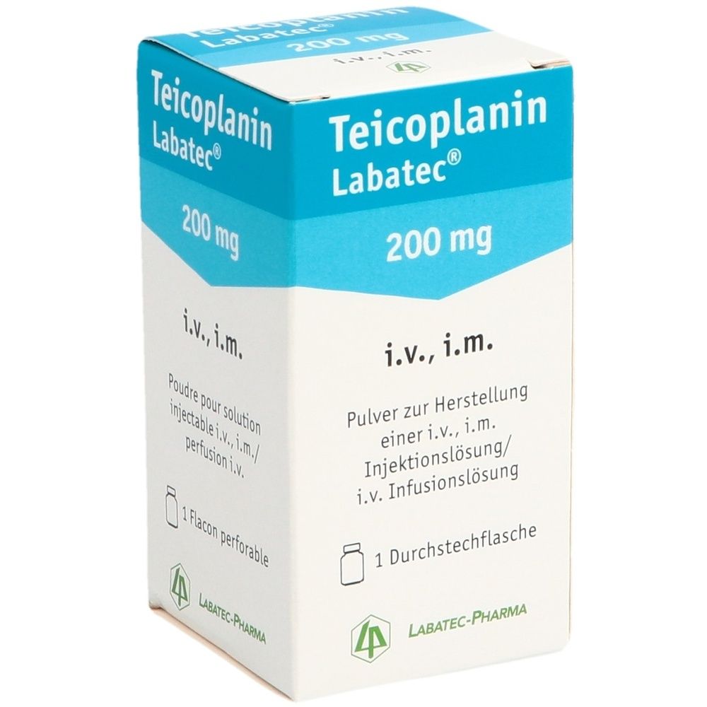 Boîte avec texte bleu et blanc. Inscription : Labatec Trockensub 200 mg Durchstf.