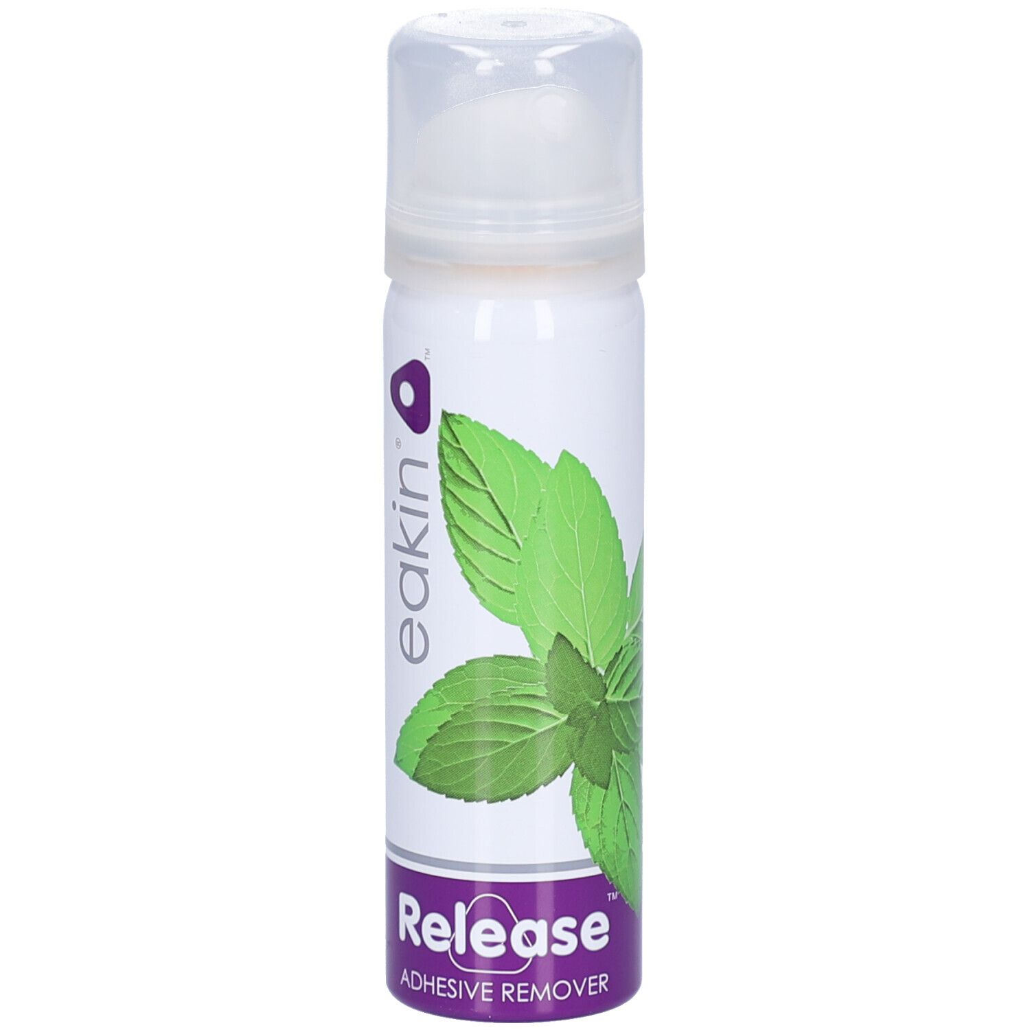 Aerosol-Klebstoffentferner. Weiße Dose mit grünem Blattmotiv und lila Akzenten. Eakin-Logo und "Release" Schriftzug.