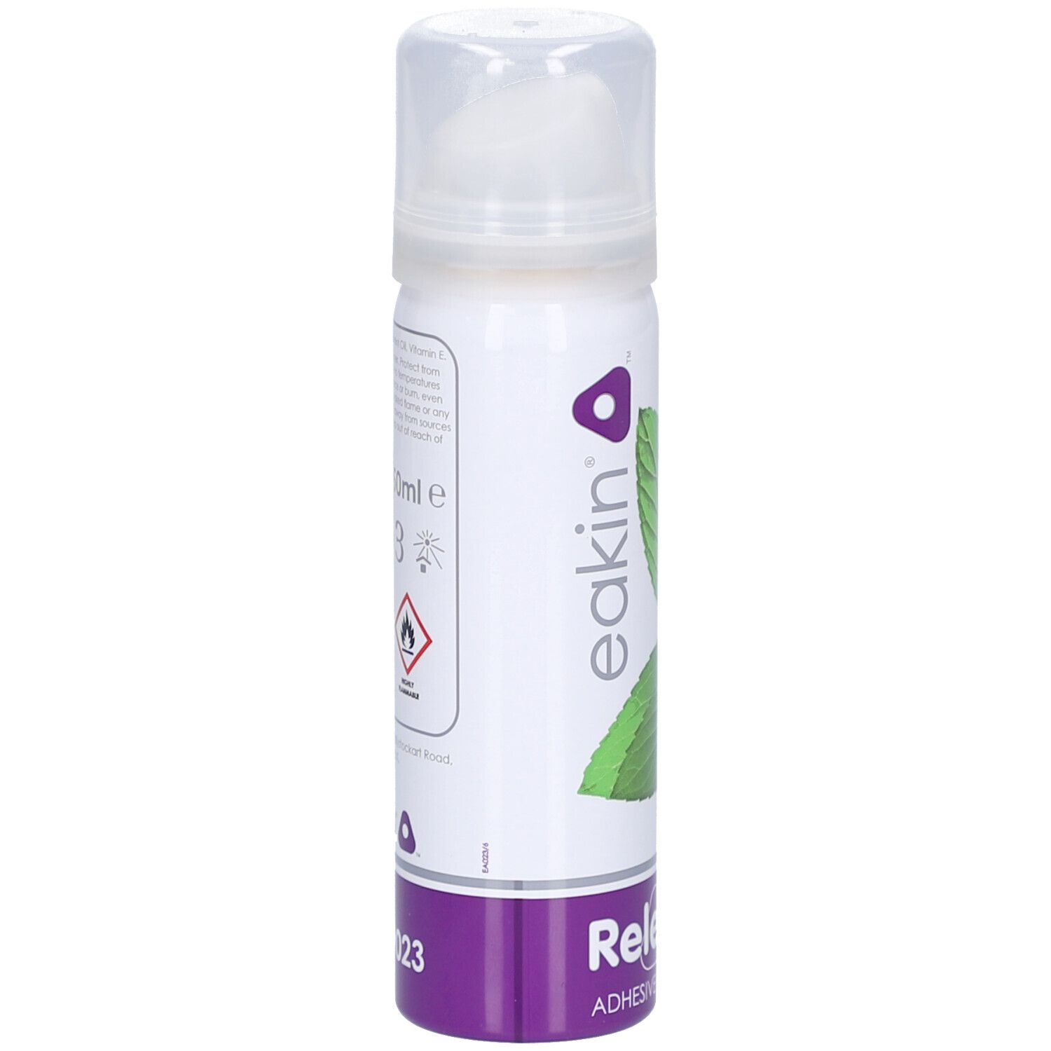 Rückseite des Aerosol-Klebstoffentferners. Enthält Text, Symbole und Warnhinweise. Eakin-Logo und "Release" Schriftzug.