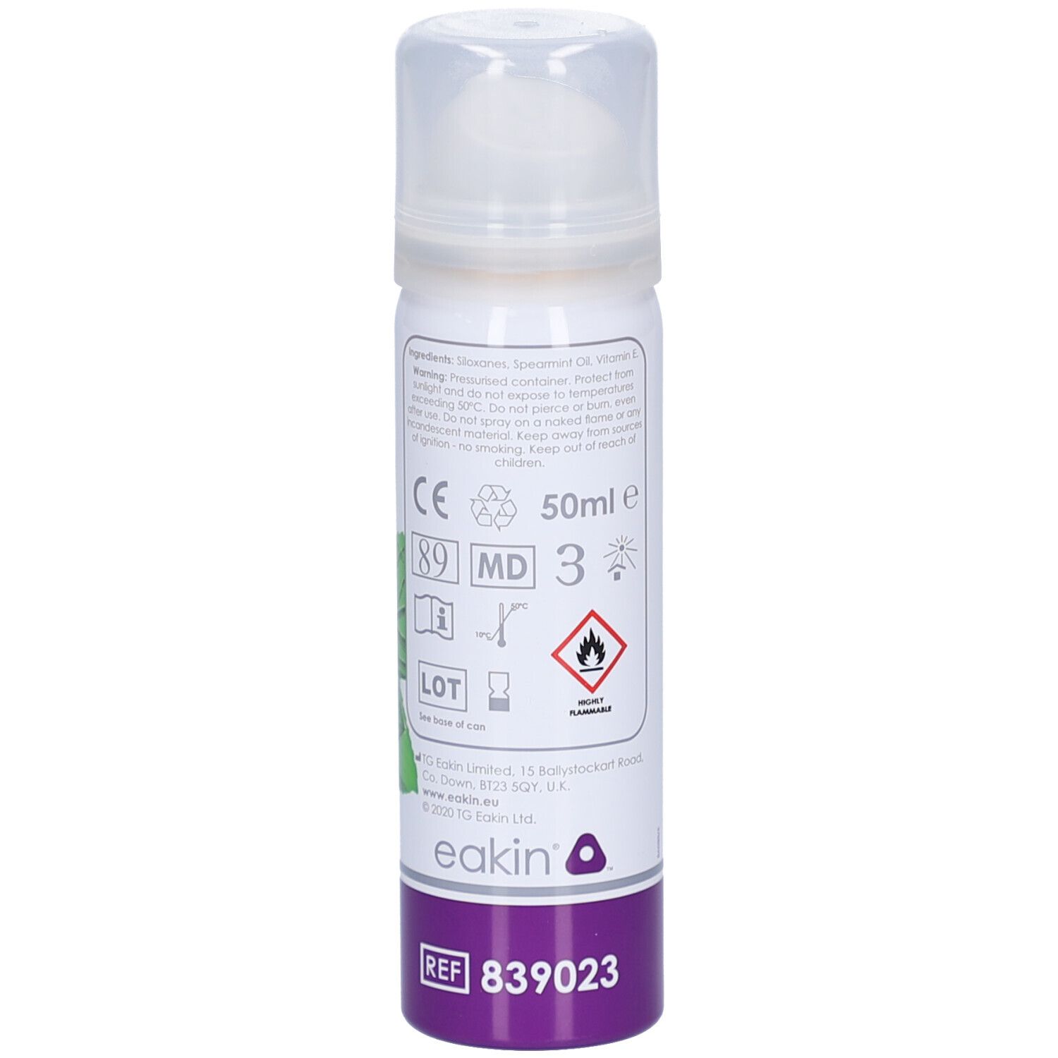 Rückseite des Aerosol-Klebstoffentferners. Enthält Text, Symbole und Warnhinweise. CE-Kennzeichnung und REF-Nummer.