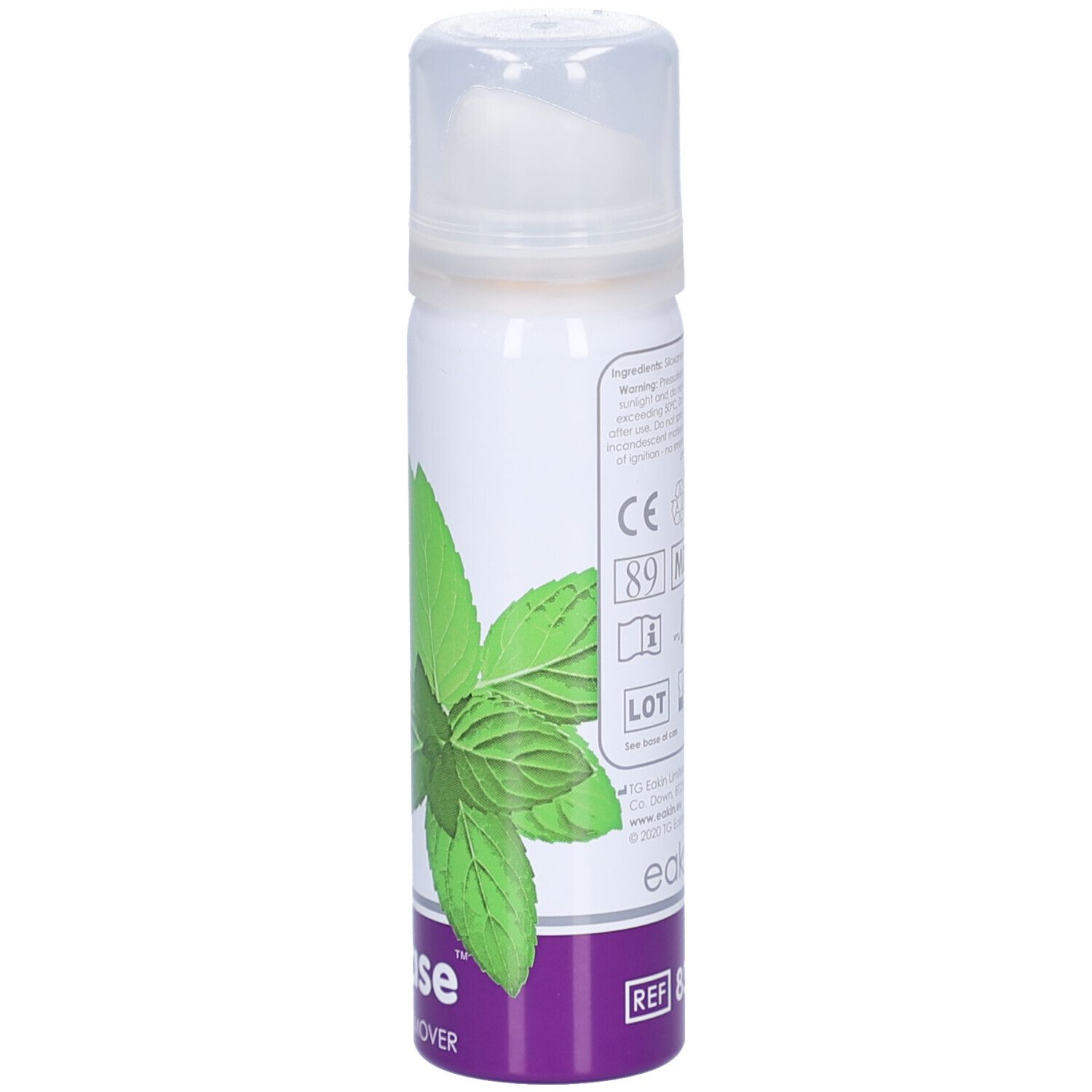 Rückseite des Aerosol-Klebstoffentferners. Enthält Text, Symbole und Warnhinweise. Grün-weißes Blattmotiv.