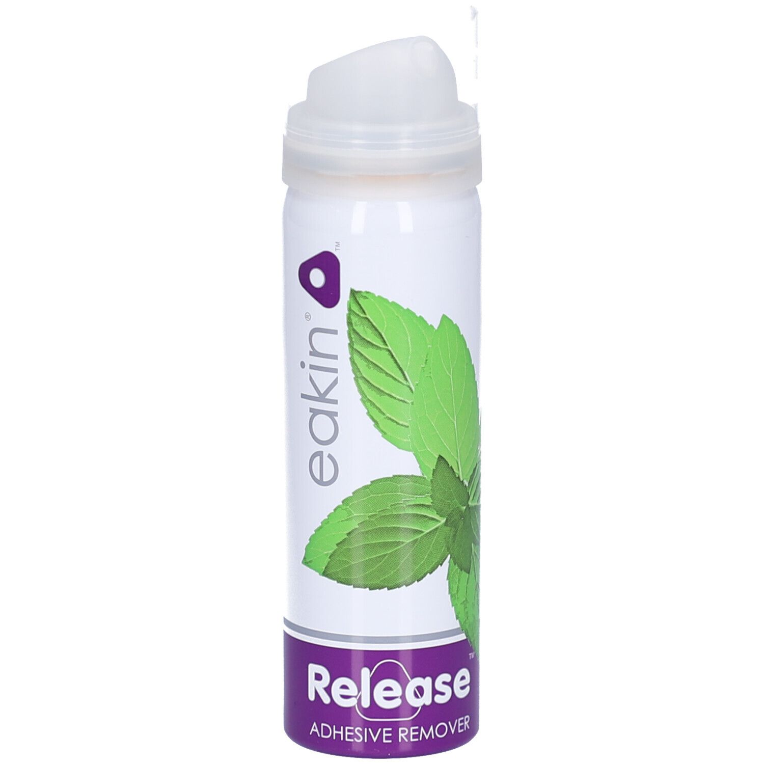 Aerosol-Klebstoffentferner. Weiße Dose mit grünem Blattmotiv und lila Akzenten. Eakin-Logo und "Release" Schriftzug.