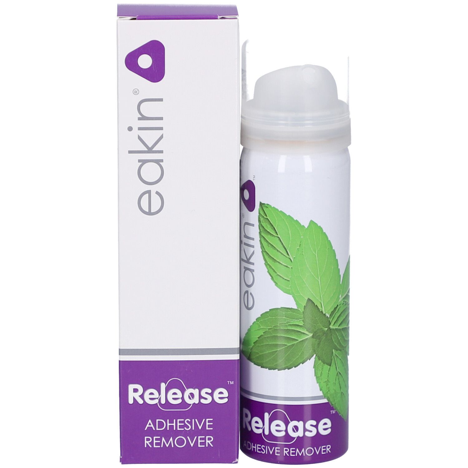 Produktverpackung. Weiße Schachtel mit lila Akzenten. Enthält eine Dose Aerosol-Klebstoffentferner. Eakin-Logo und "Release".