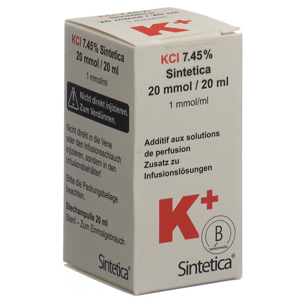 Karton mit Aufschrift KCI 7.45% Sintetica, 20 mmol/20 ml. Enthält eine Ampulle. Warnhinweis und Logo.