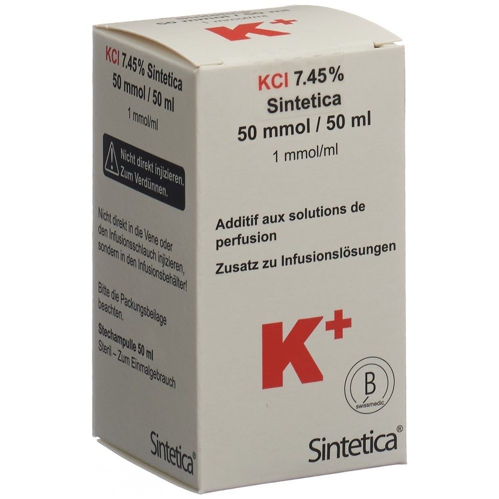 Karton mit Aufschrift KCI 7.45% Sintetica, 50 mmol/50 ml. Enthält eine Ampulle. Aufdrucke in Deutsch und Französisch.